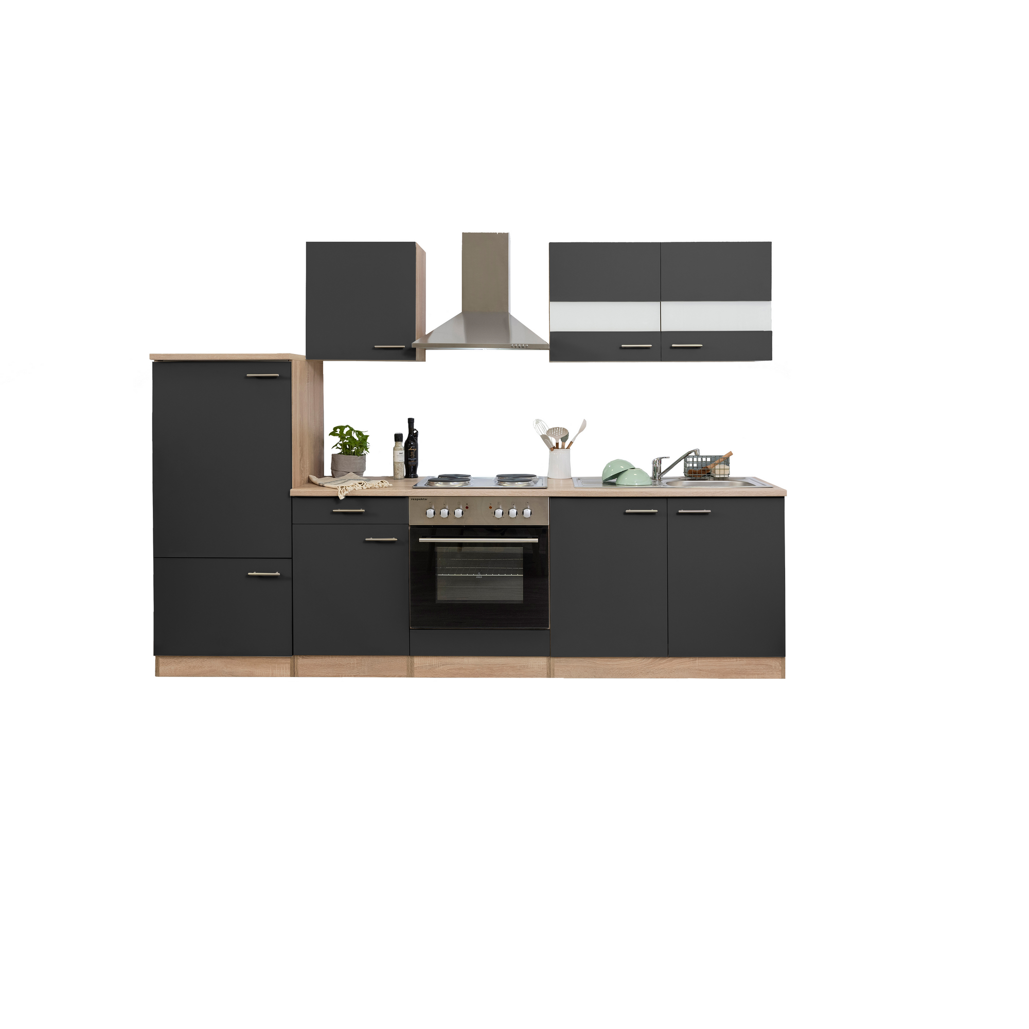 Küchenzeile 'Merle' mit E-Geräten KB270ESG grau/eichefarben 270 cm