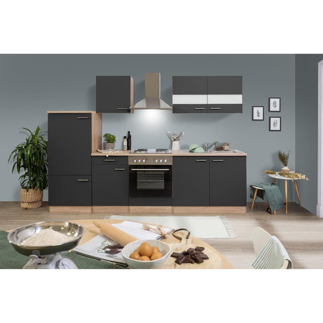 Küchenzeile 'Merle' mit E-Geräten KB270ESG grau/eichefarben 270 cm