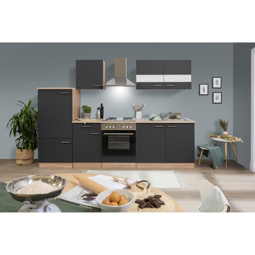 Küchenzeile 'Merle' mit E-Geräten KB270ESG grau/eichefarben 270 cm