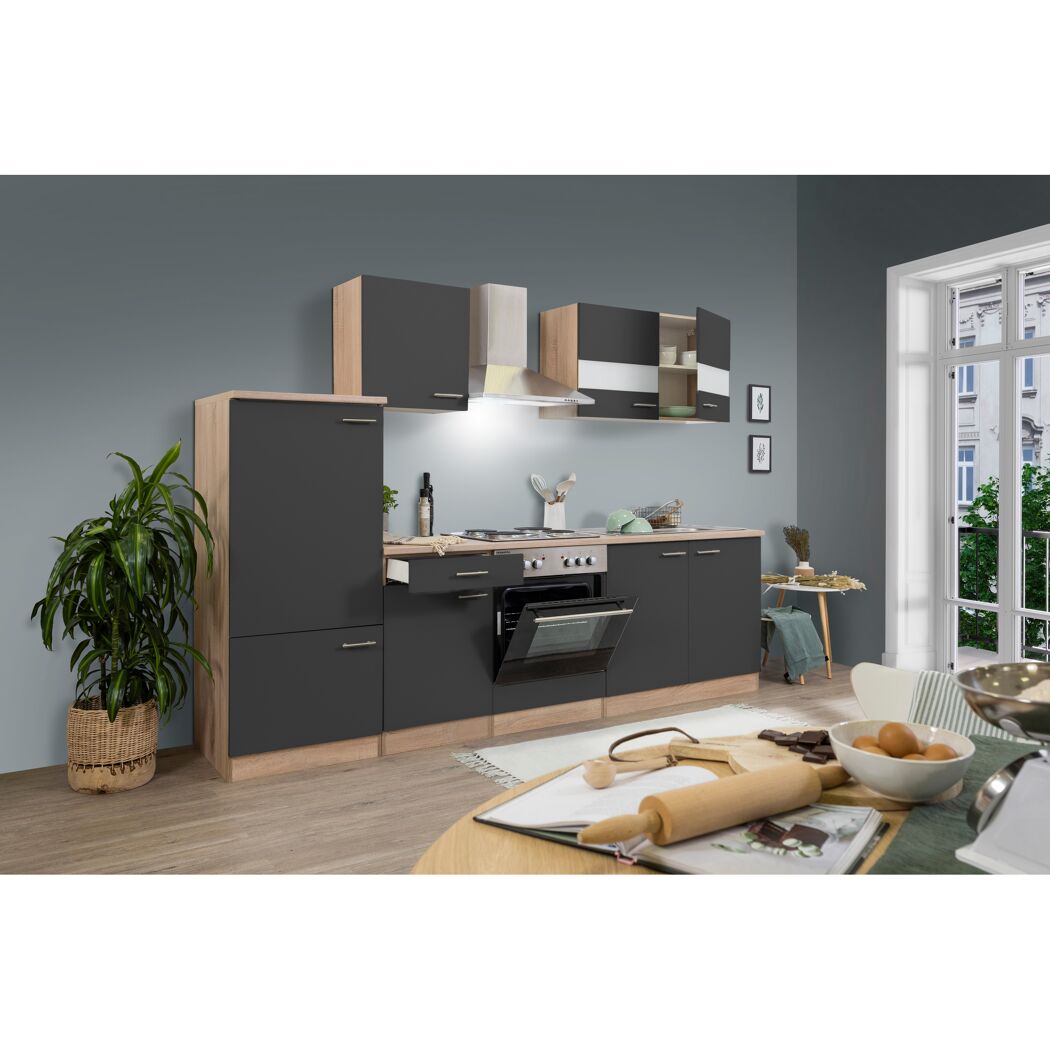 Küchenzeile 'Merle' mit E-Geräten KB270ESG grau/eichefarben 270 cm
