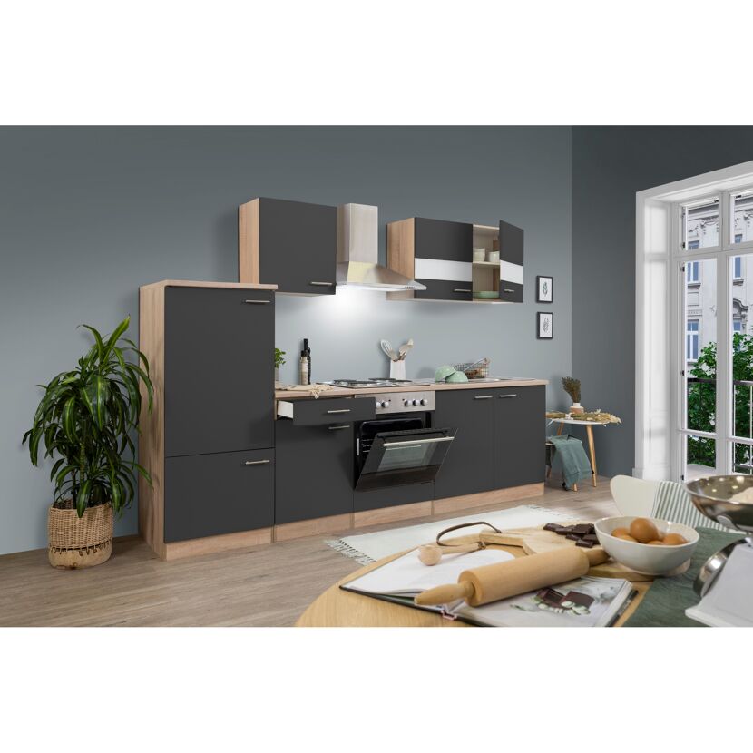 Küchenzeile 'Merle' mit E-Geräten KB270ESG grau/eichefarben 270 cm