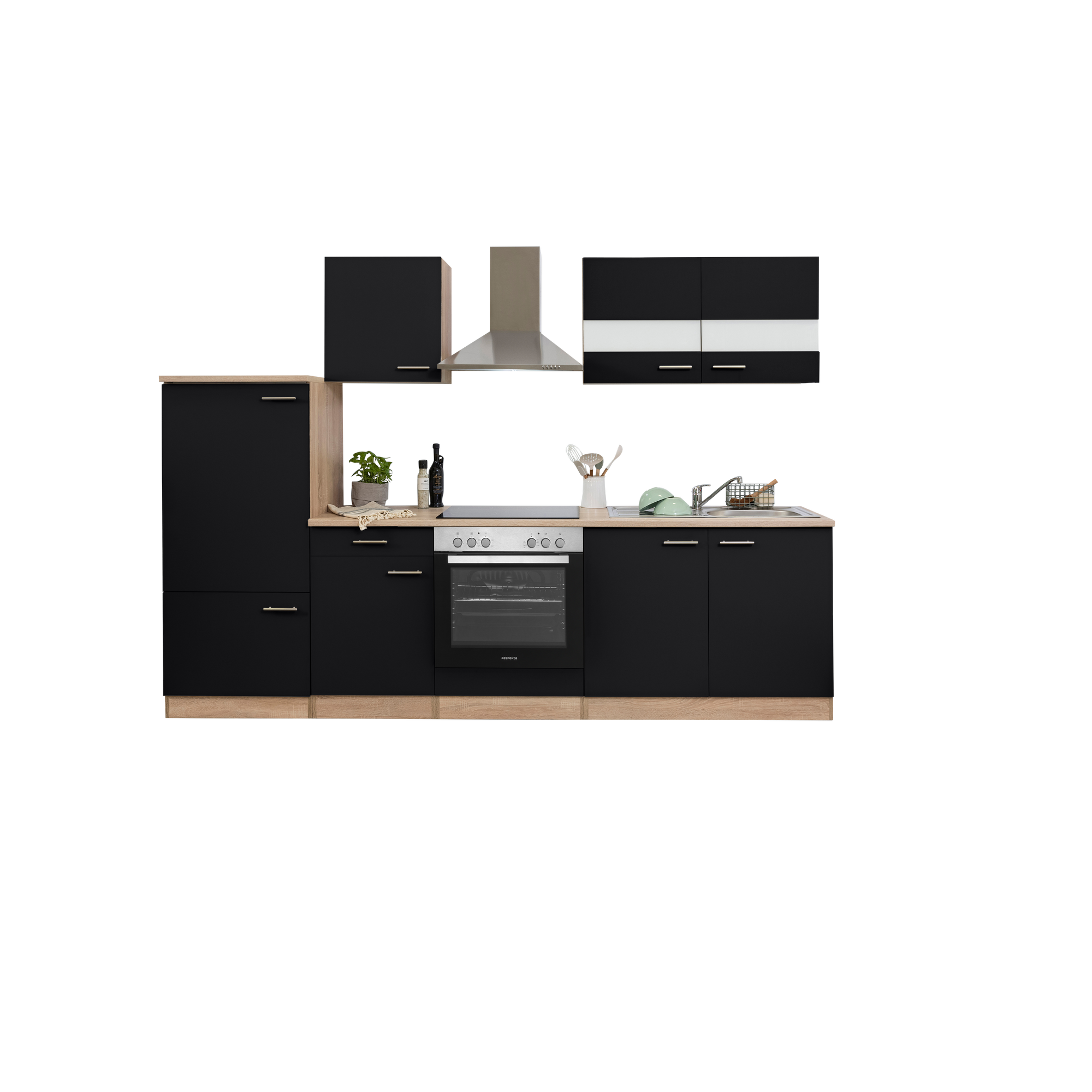 Küchenzeile 'Merle' mit E-Geräten KB270ESSC schwarz/eichefarben 270 cm