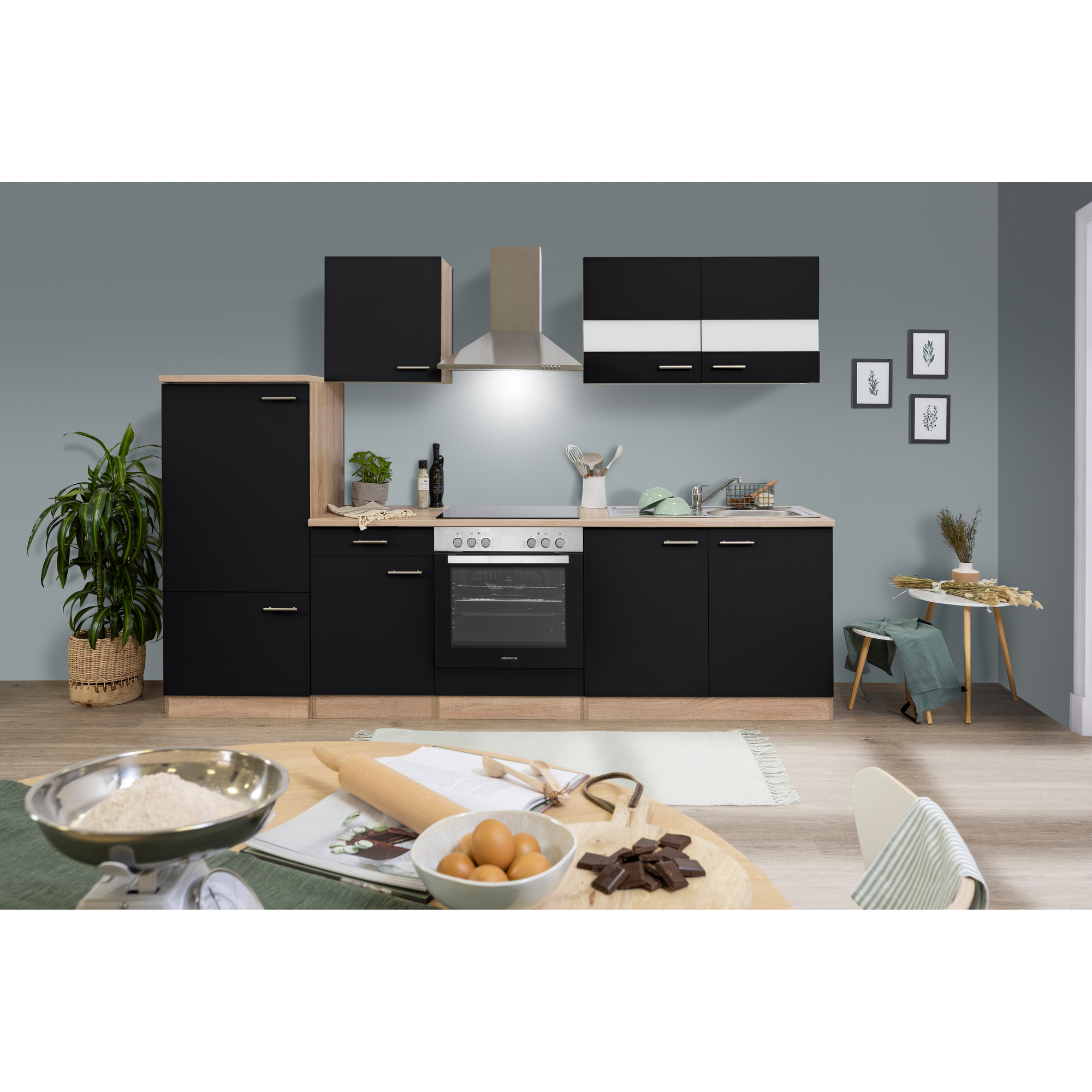 Küchenzeile 'Merle' mit E-Geräten KB270ESSC schwarz/eichefarben 270 cm