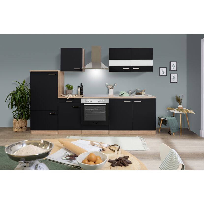 Küchenzeile 'Merle' mit E-Geräten KB270ESSC schwarz/eichefarben 270 cm