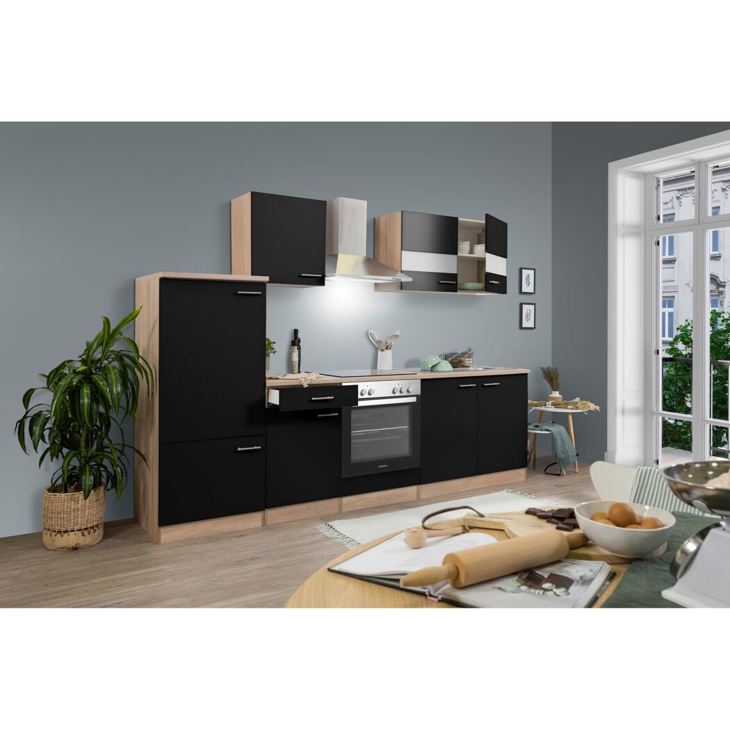 Küchenzeile 'Merle' mit E-Geräten KB270ESSC schwarz/eichefarben 270 cm