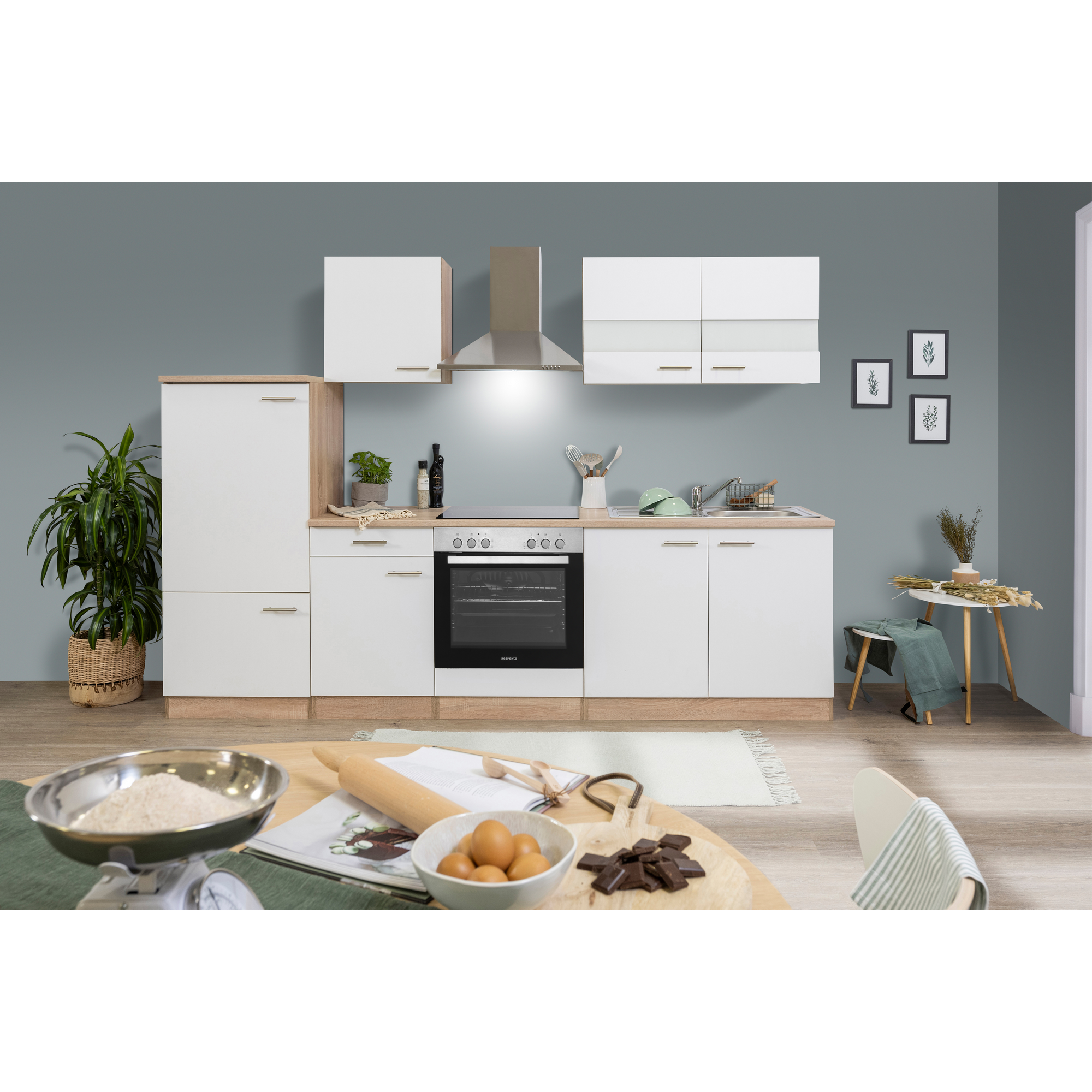 Küchenzeile 'Merle' mit E-Geräten KB270ESWC weiß/eichefarben 270 cm