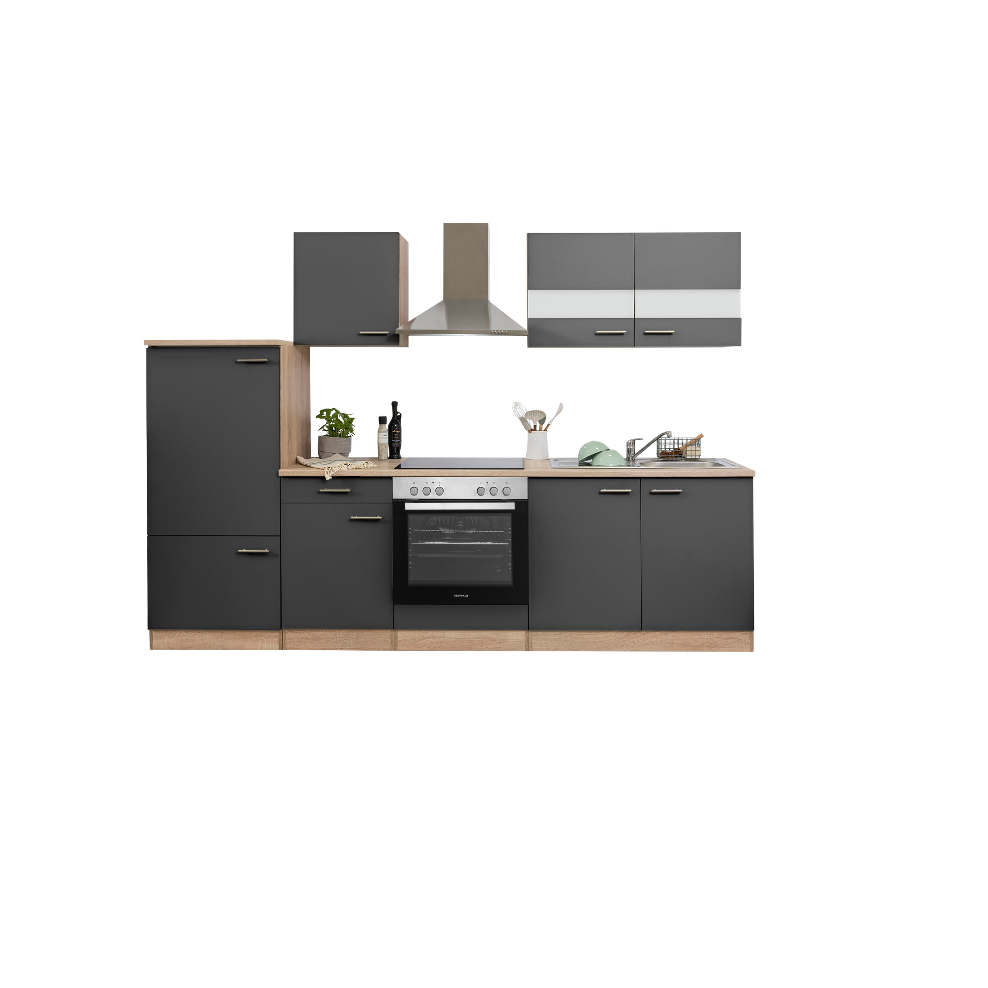 Küchenzeile 'Merle' mit E-Geräten KB270ESGC grau/eichefarben 270 cm