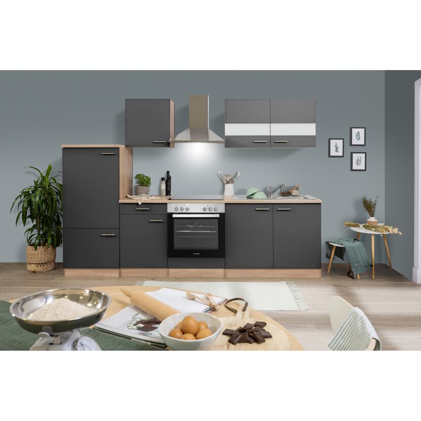 Küchenzeile 'Merle' mit E-Geräten KB270ESGC grau/eichefarben 270 cm