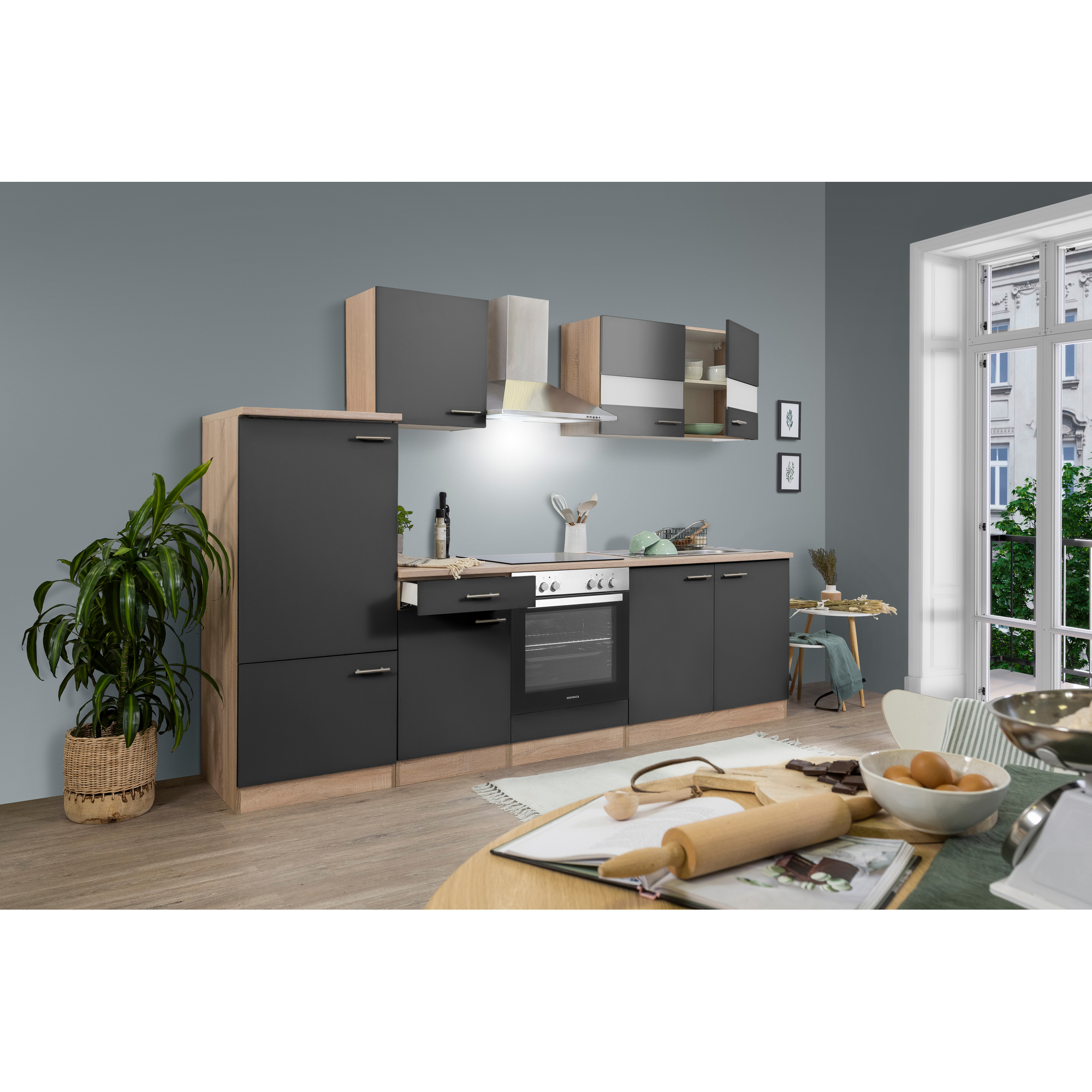 Küchenzeile 'Merle' mit E-Geräten KB270ESGC grau/eichefarben 270 cm