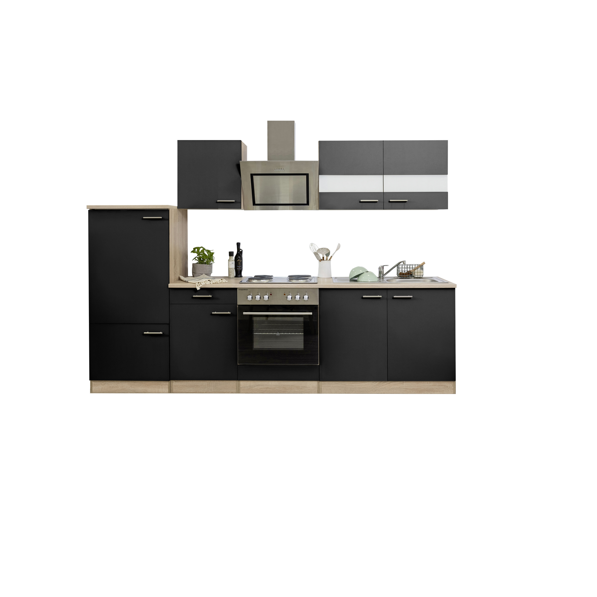 Küchenzeile 'Merle' mit E-Geräten KB270ESSS schwarz/eichefarben 270 cm