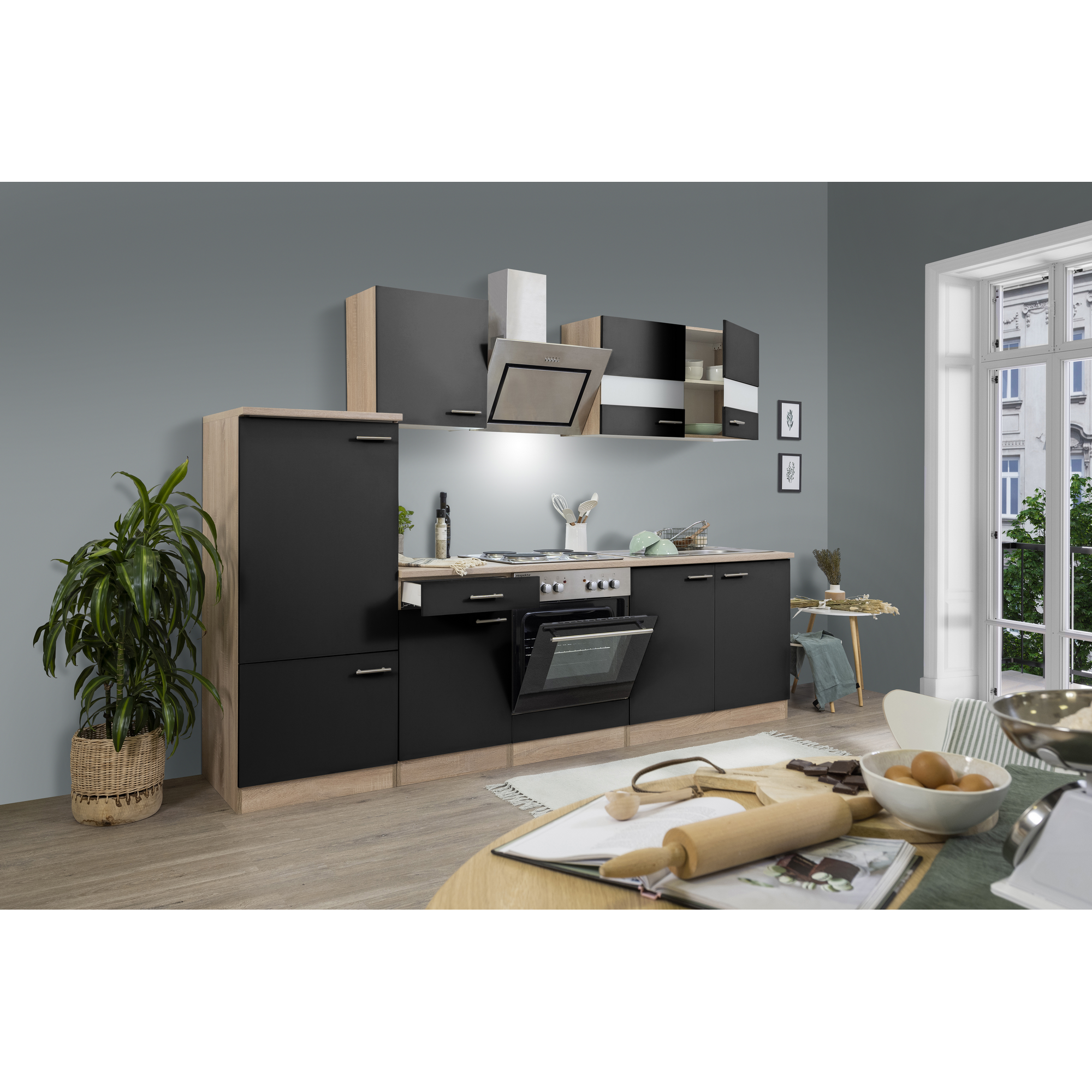 Küchenzeile 'Merle' mit E-Geräten KB270ESSS schwarz/eichefarben 270 cm