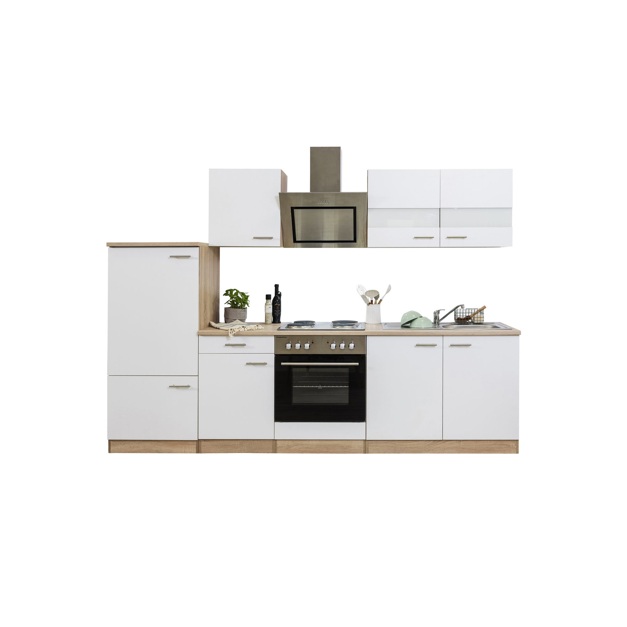 Küchenzeile 'Merle' mit E-Geräten KB270ESWS weiß/eichefarben 270 cm