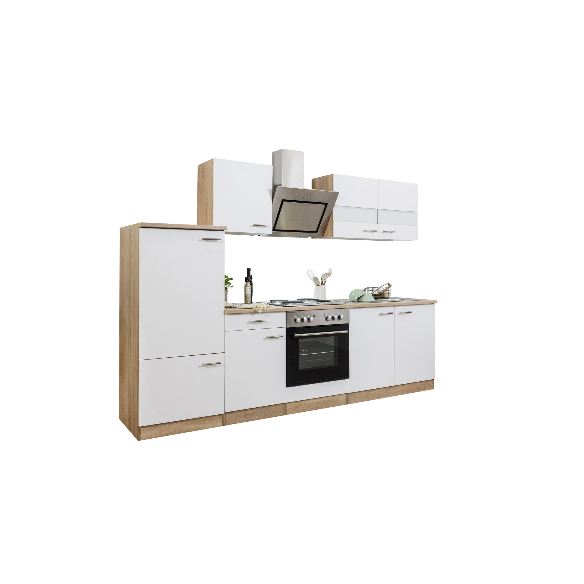 Küchenzeile 'Merle' mit E-Geräten KB270ESWS weiß/eichefarben 270 cm