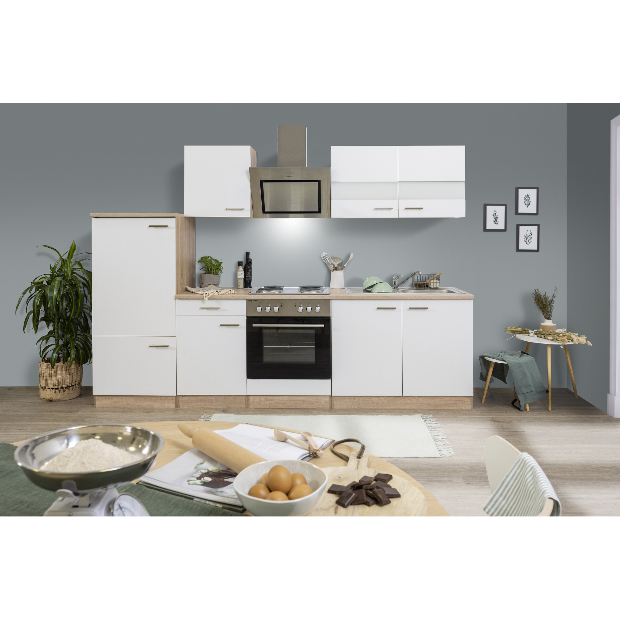 Küchenzeile 'Merle' mit E-Geräten KB270ESWS weiß/eichefarben 270 cm