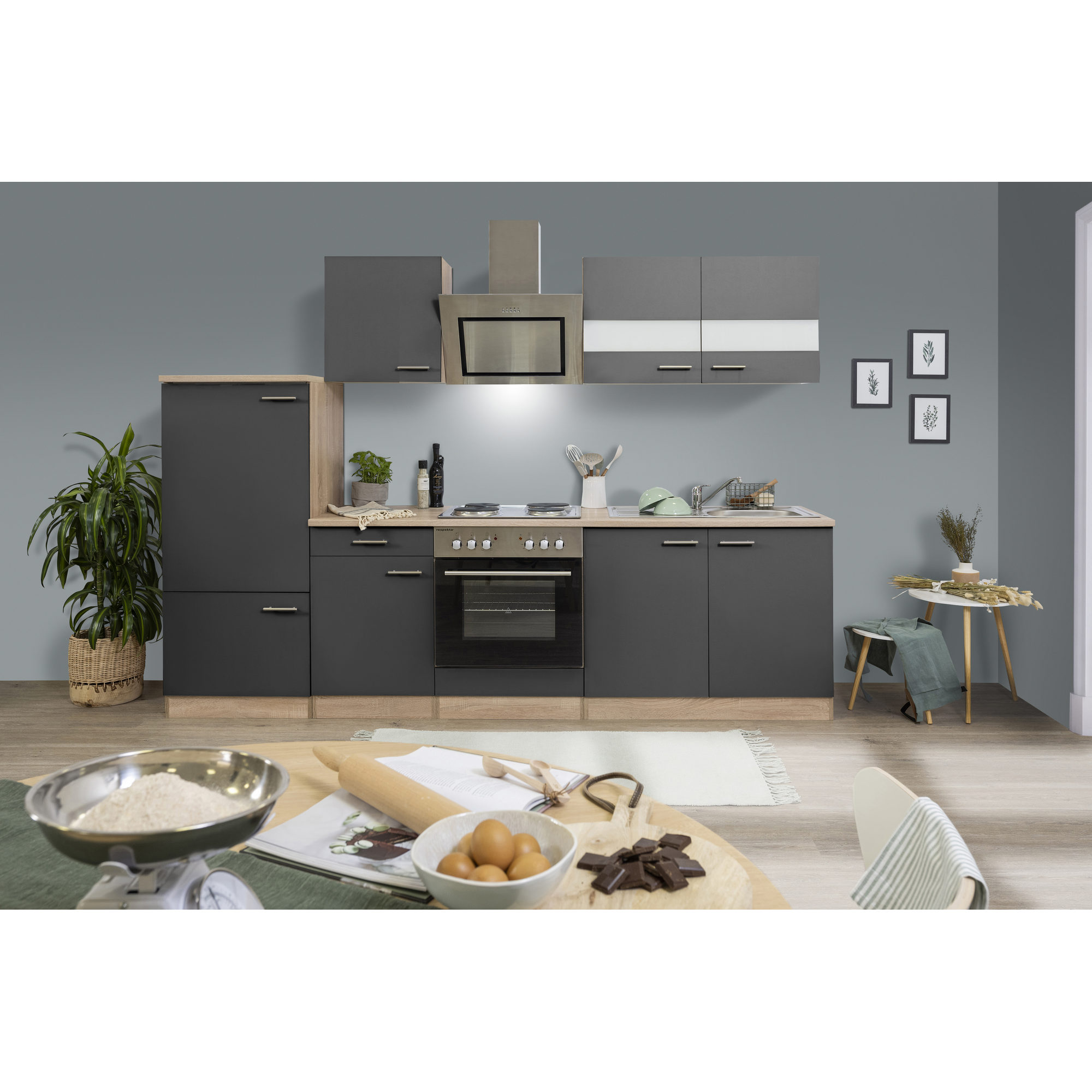 Küchenzeile 'Merle' mit E-Geräten KB270ESGS grau/eichefarben 270 cm