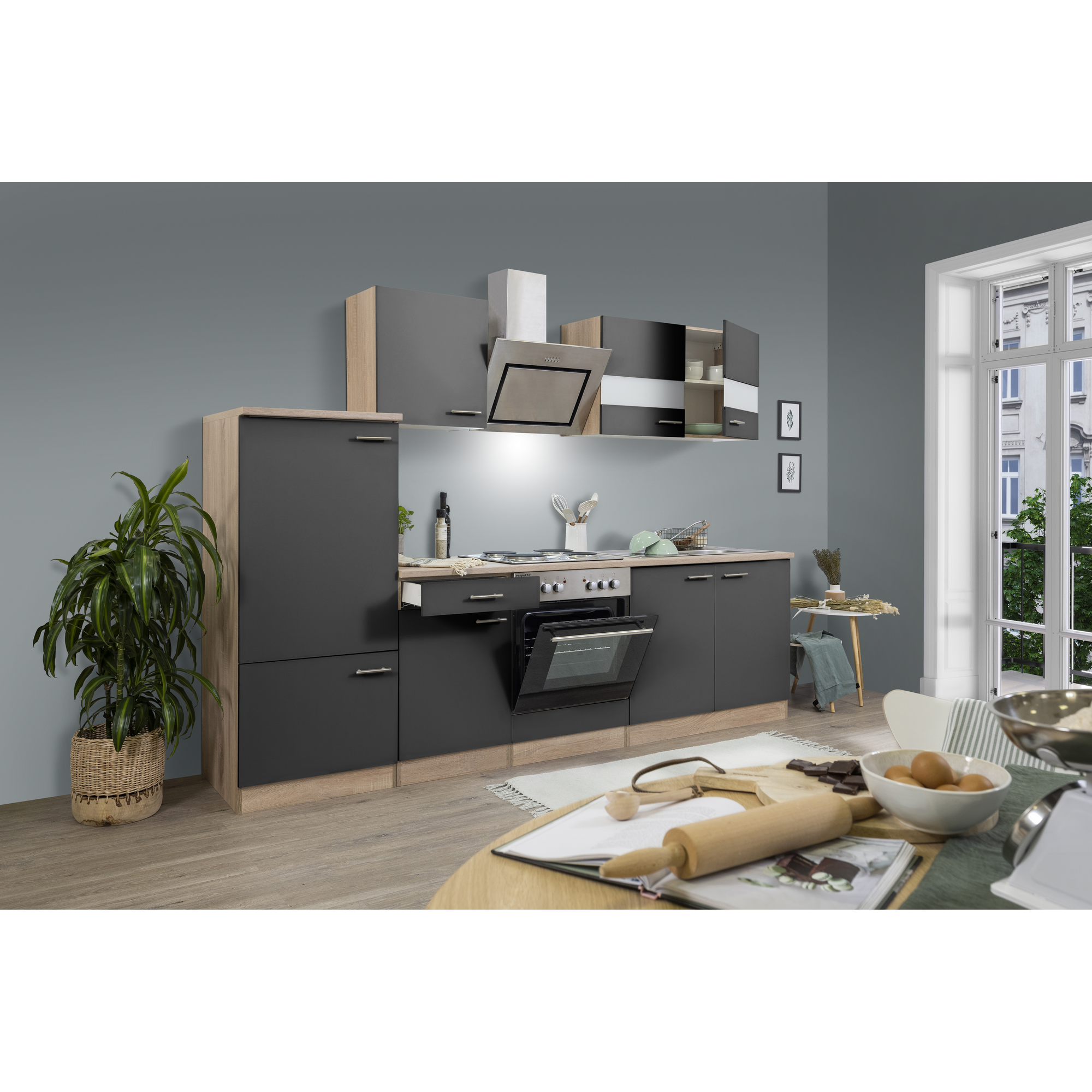 Küchenzeile 'Merle' mit E-Geräten KB270ESGS grau/eichefarben 270 cm