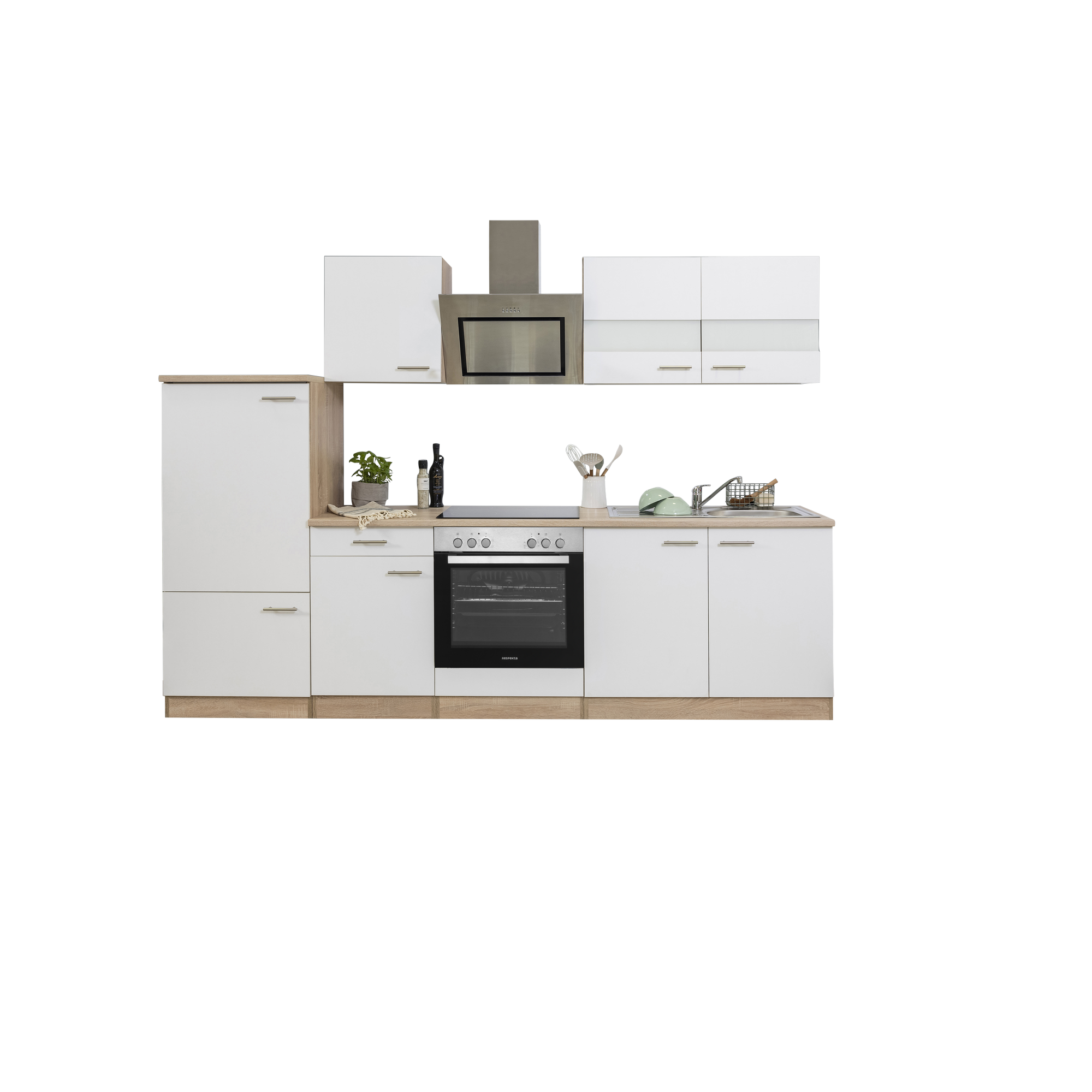 Küchenzeile 'Merle' mit E-Geräten KB270ESWSC weiß/eichefarben 270 cm