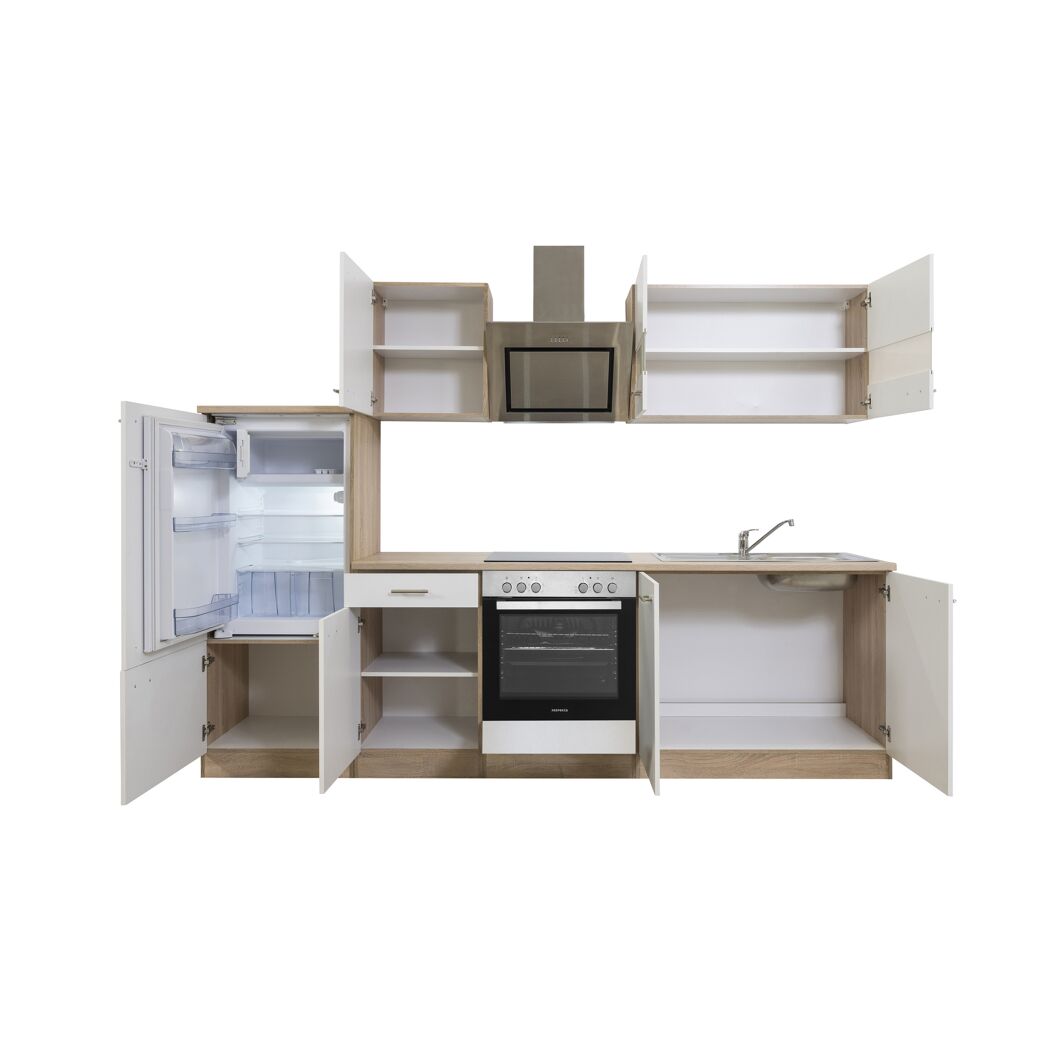 Küchenzeile 'Merle' mit E-Geräten KB270ESWSC weiß/eichefarben 270 cm
