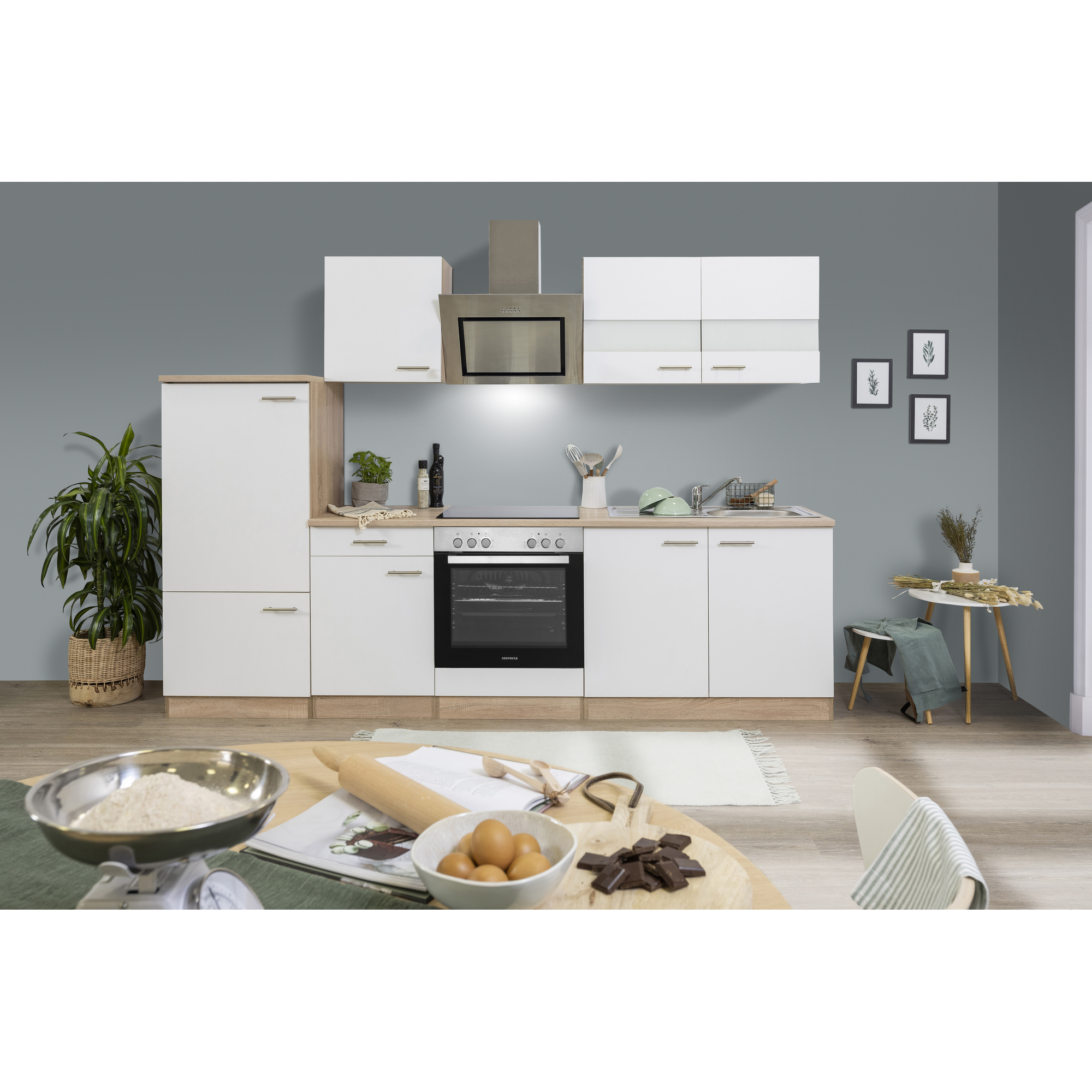 Küchenzeile 'Merle' mit E-Geräten KB270ESWSC weiß/eichefarben 270 cm