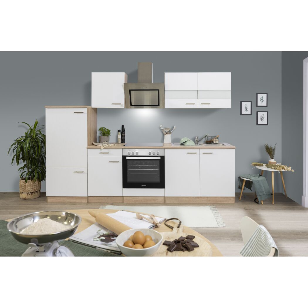 Küchenzeile 'Merle' mit E-Geräten KB270ESWSC weiß/eichefarben 270 cm
