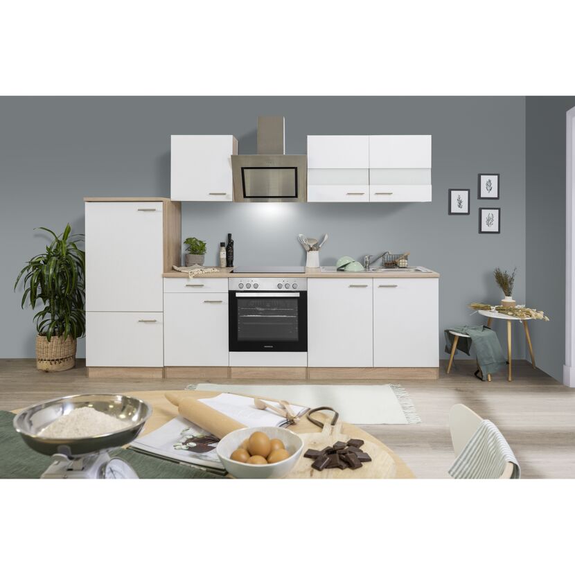Küchenzeile 'Merle' mit E-Geräten KB270ESWSC weiß/eichefarben 270 cm