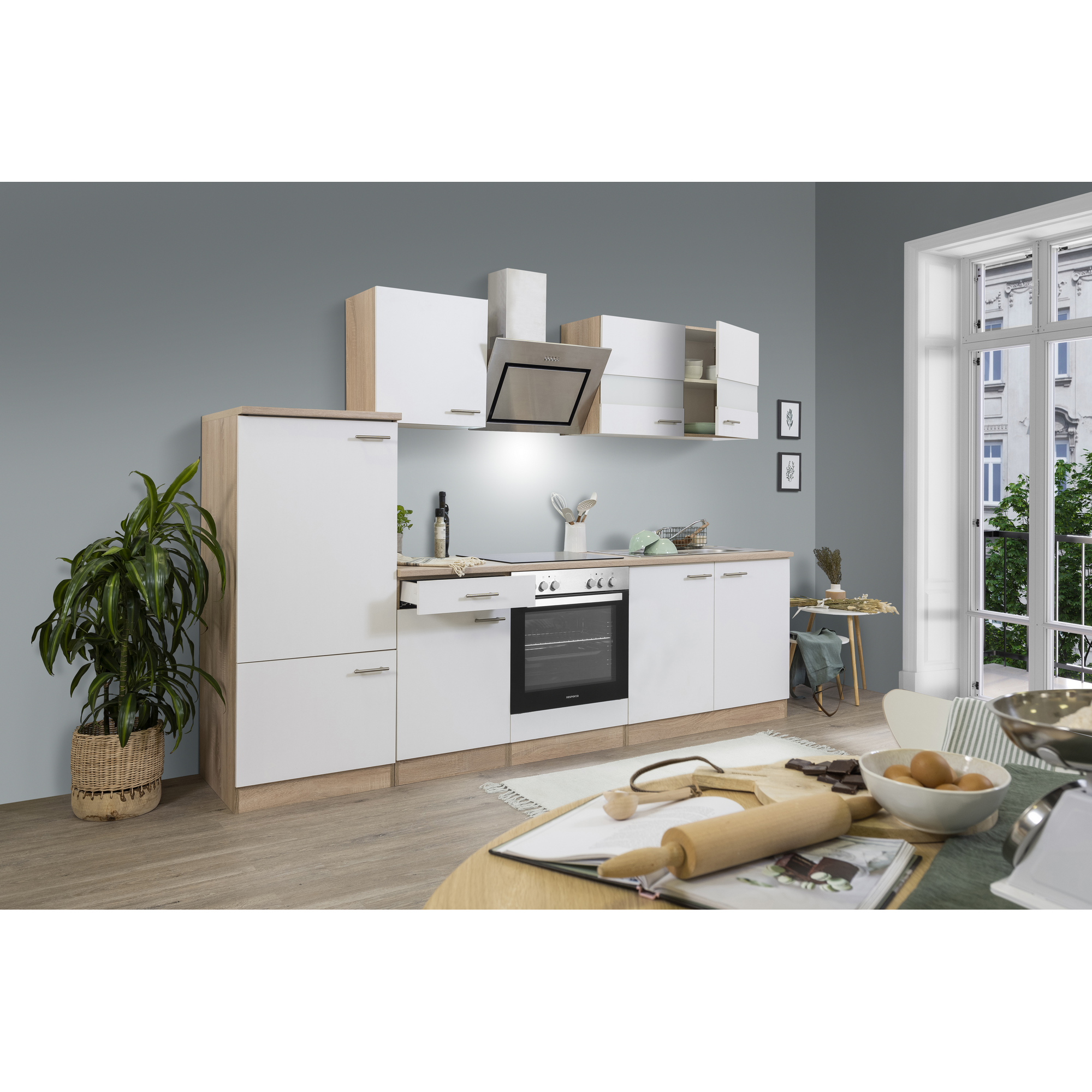 Küchenzeile 'Merle' mit E-Geräten KB270ESWSC weiß/eichefarben 270 cm