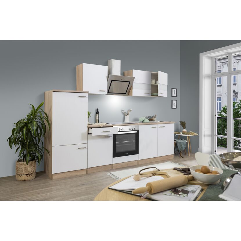 Küchenzeile 'Merle' mit E-Geräten KB270ESWSC weiß/eichefarben 270 cm