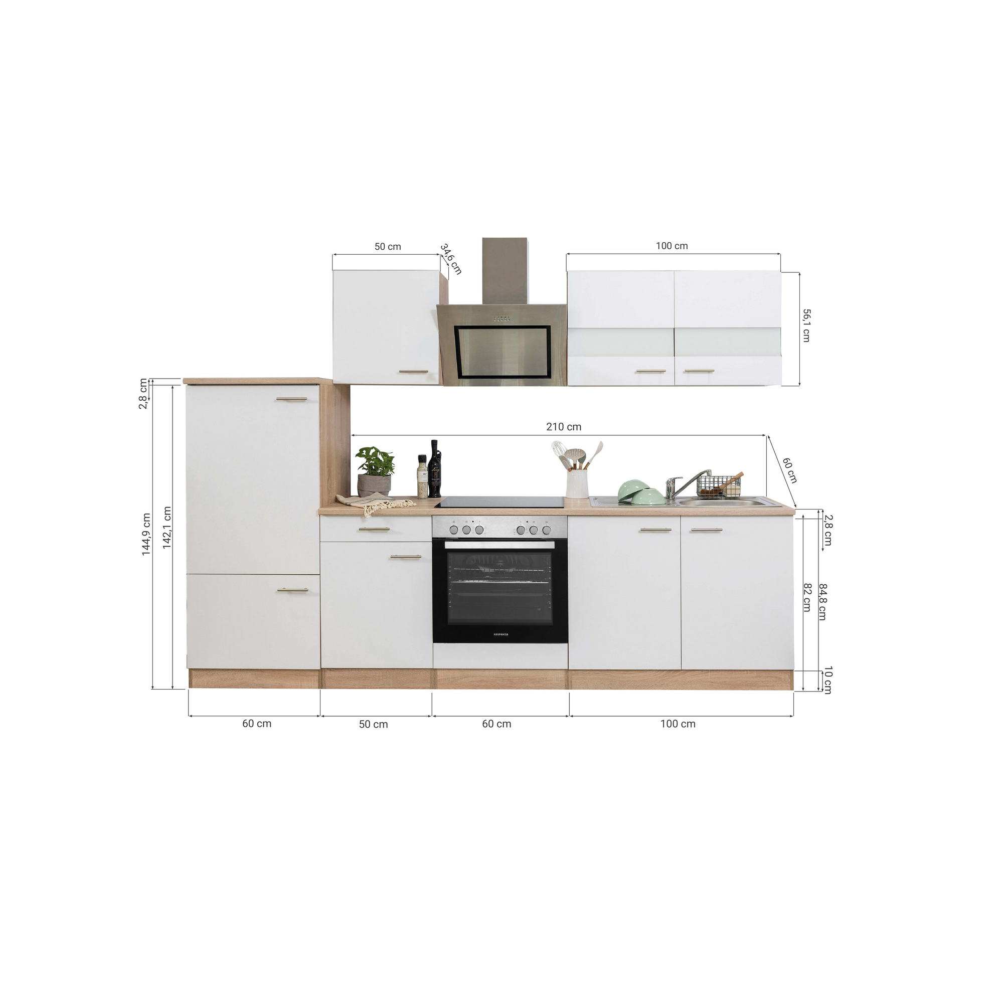 Küchenzeile 'Merle' mit E-Geräten KB270ESWSC weiß/eichefarben 270 cm