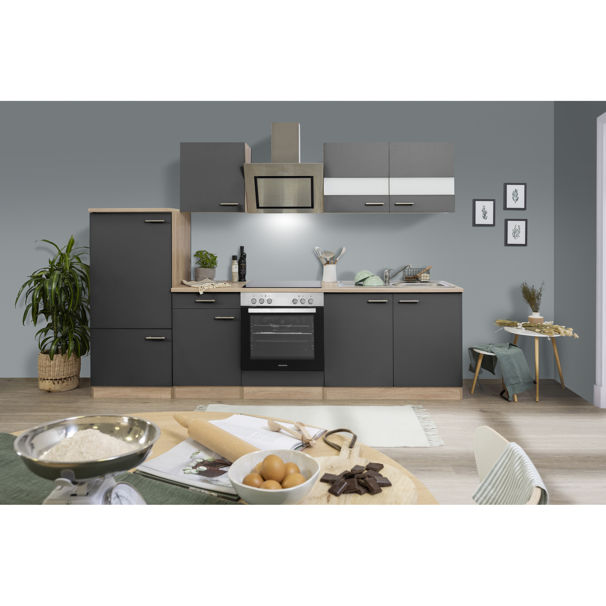 Küchenzeile 'Merle' mit E-Geräten KB270ESGSC grau/eichefarben 270 cm