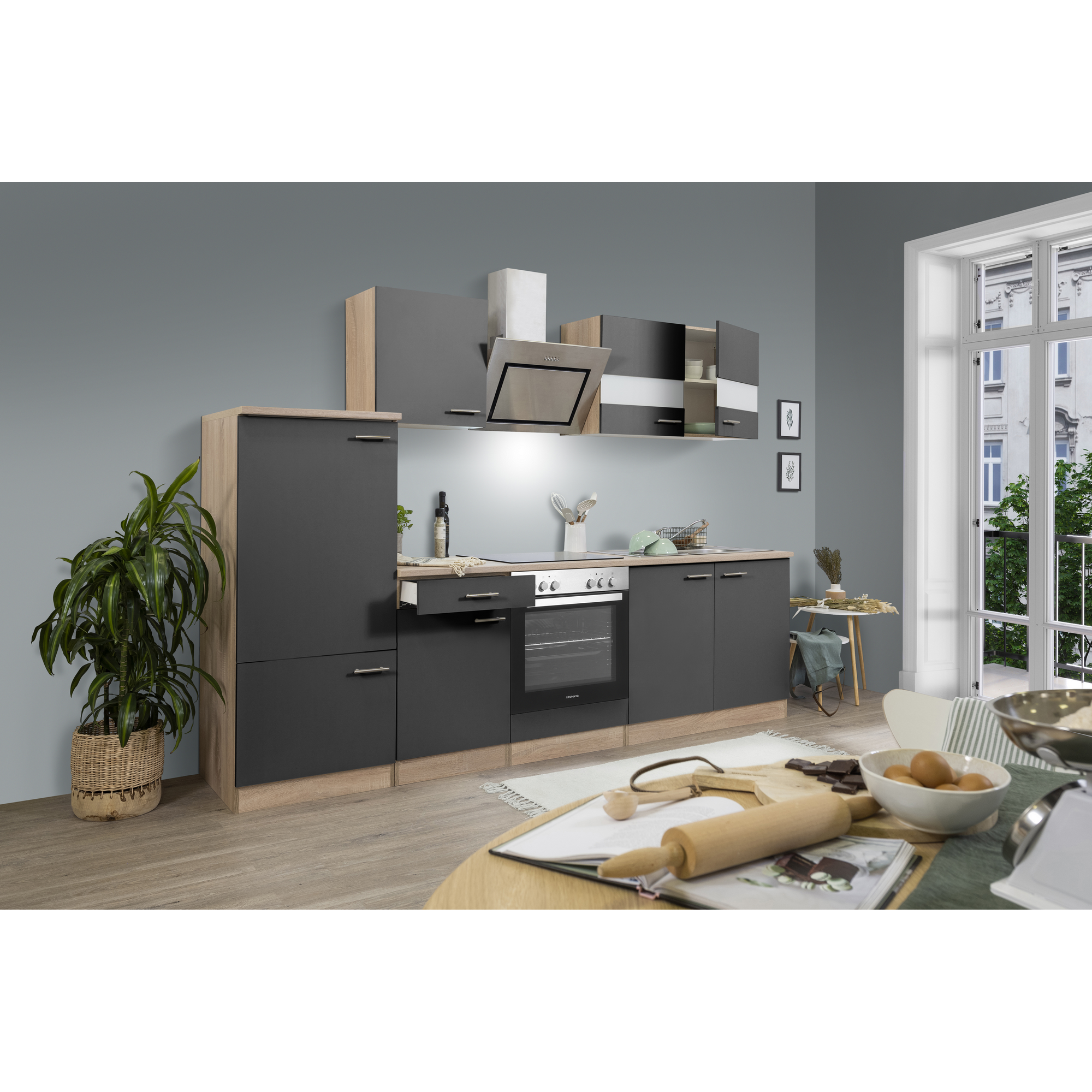 Küchenzeile 'Merle' mit E-Geräten KB270ESGSC grau/eichefarben 270 cm