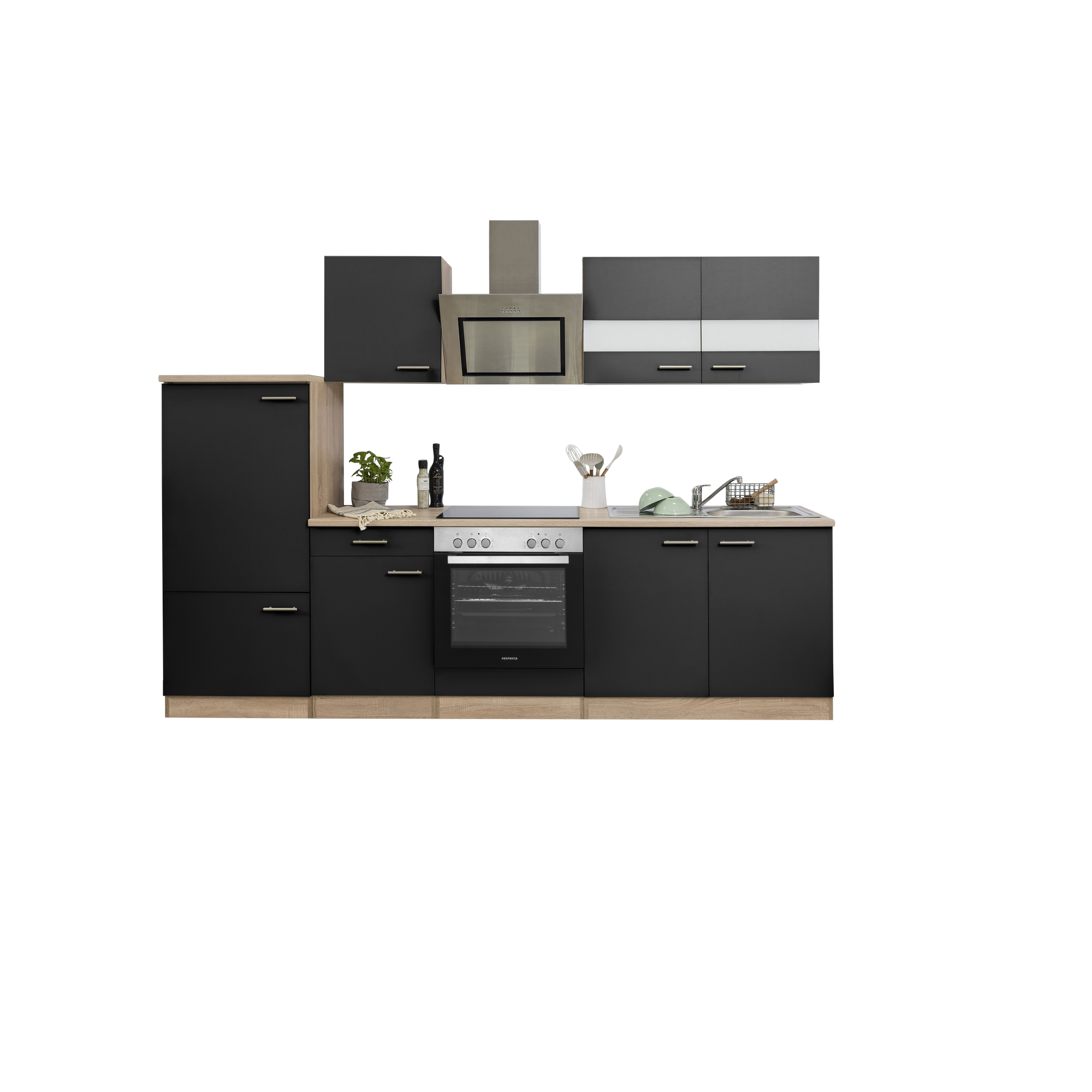 Küchenzeile 'Merle' mit E-Geräten KB270ESSSC schwarz/eichefarben 270 cm