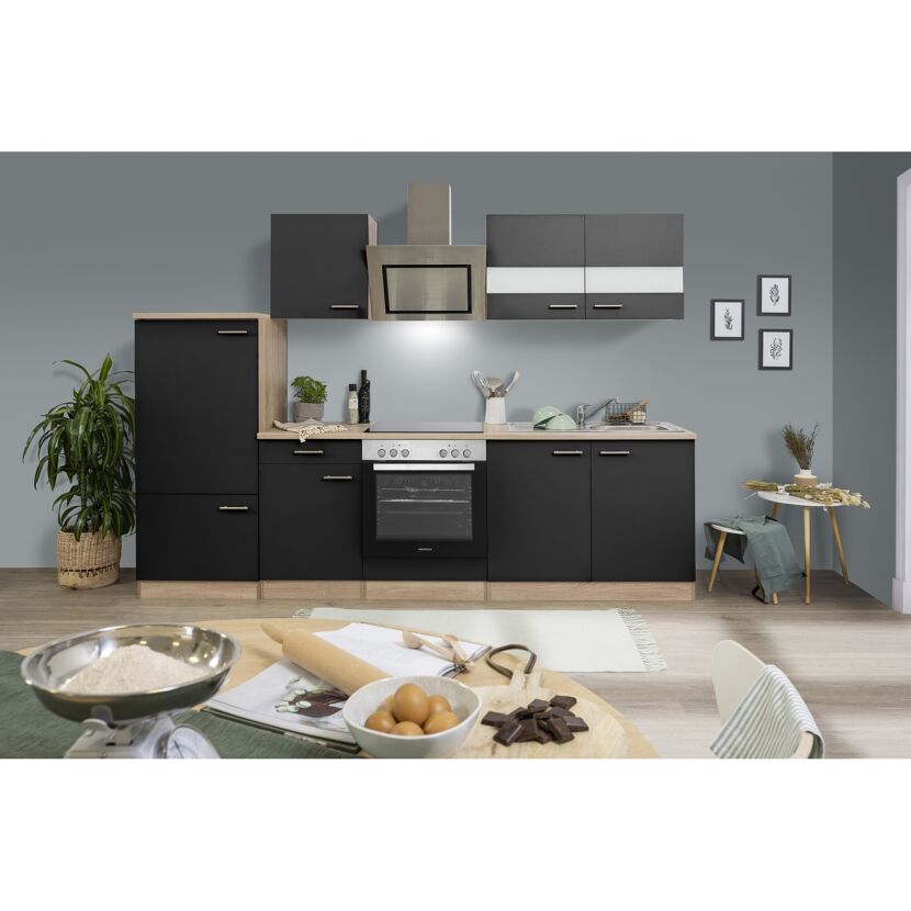 Küchenzeile 'Merle' mit E-Geräten KB270ESSSC schwarz/eichefarben 270 cm