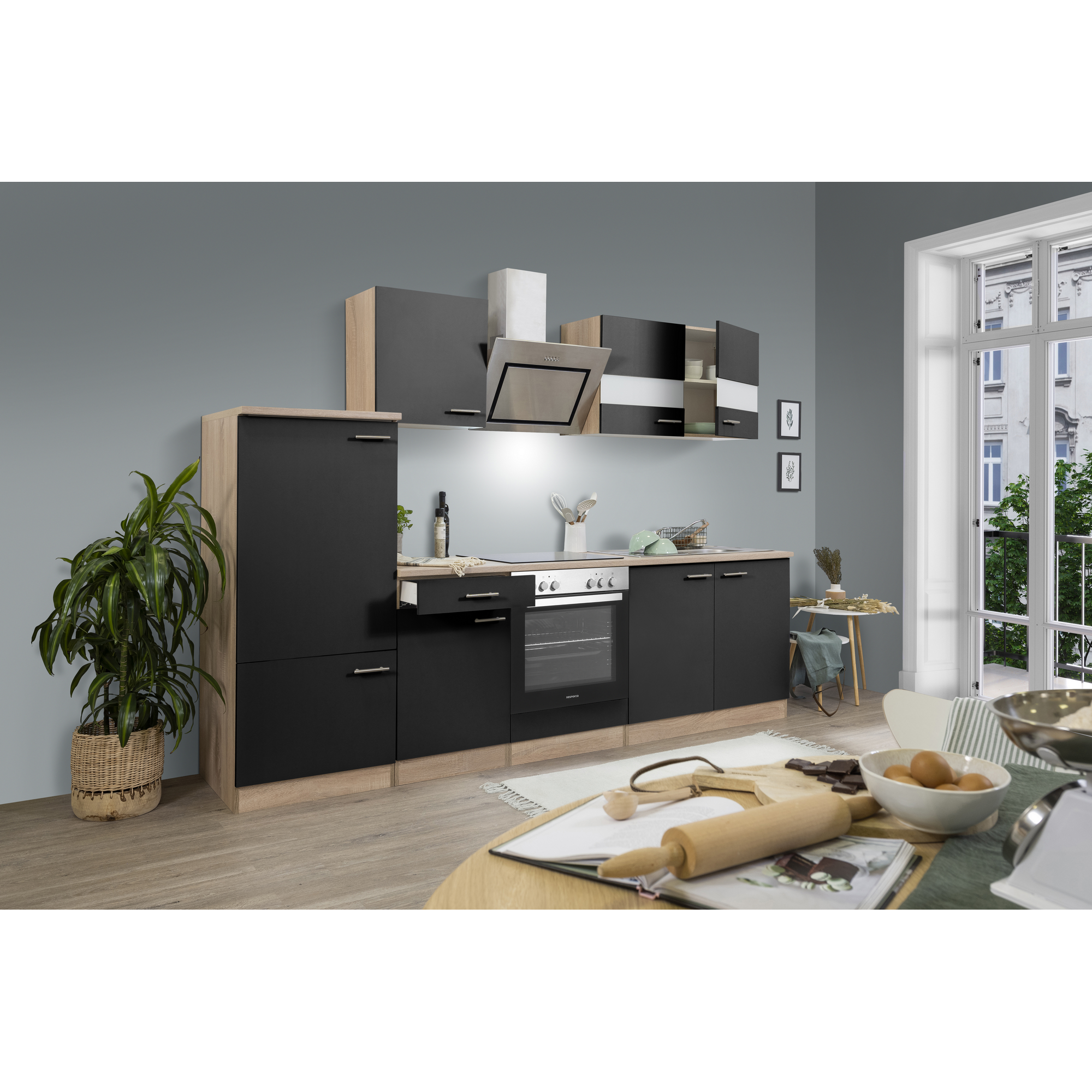 Küchenzeile 'Merle' mit E-Geräten KB270ESSSC schwarz/eichefarben 270 cm