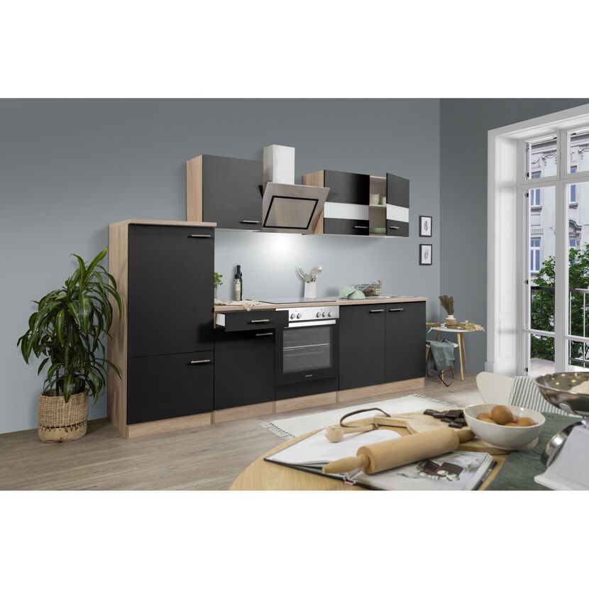 Küchenzeile 'Merle' mit E-Geräten KB270ESSSC schwarz/eichefarben 270 cm