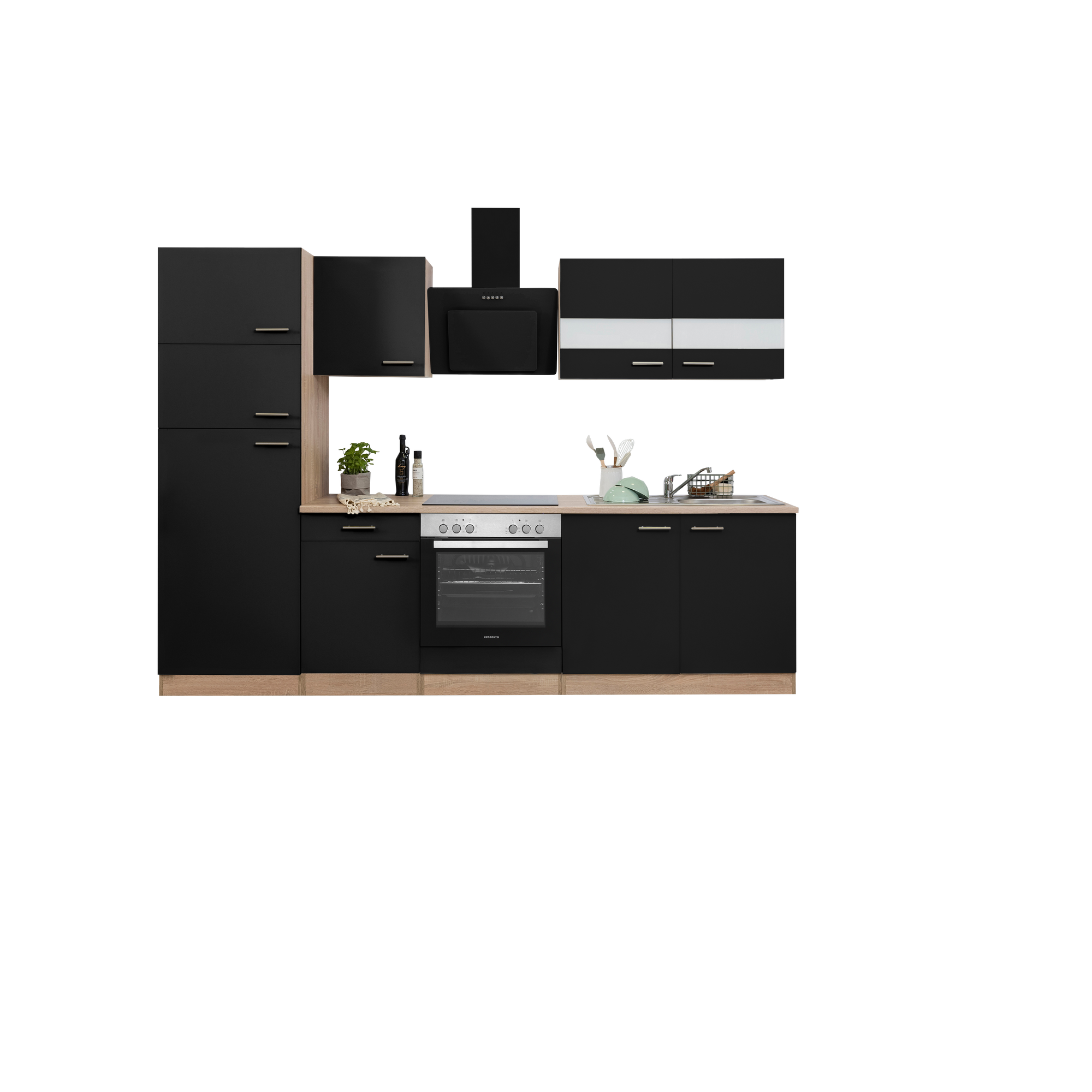 Küchenzeile 'Merle' mit E-Geräten KB270ESSCGKE schwarz/eichefarben 270 cm