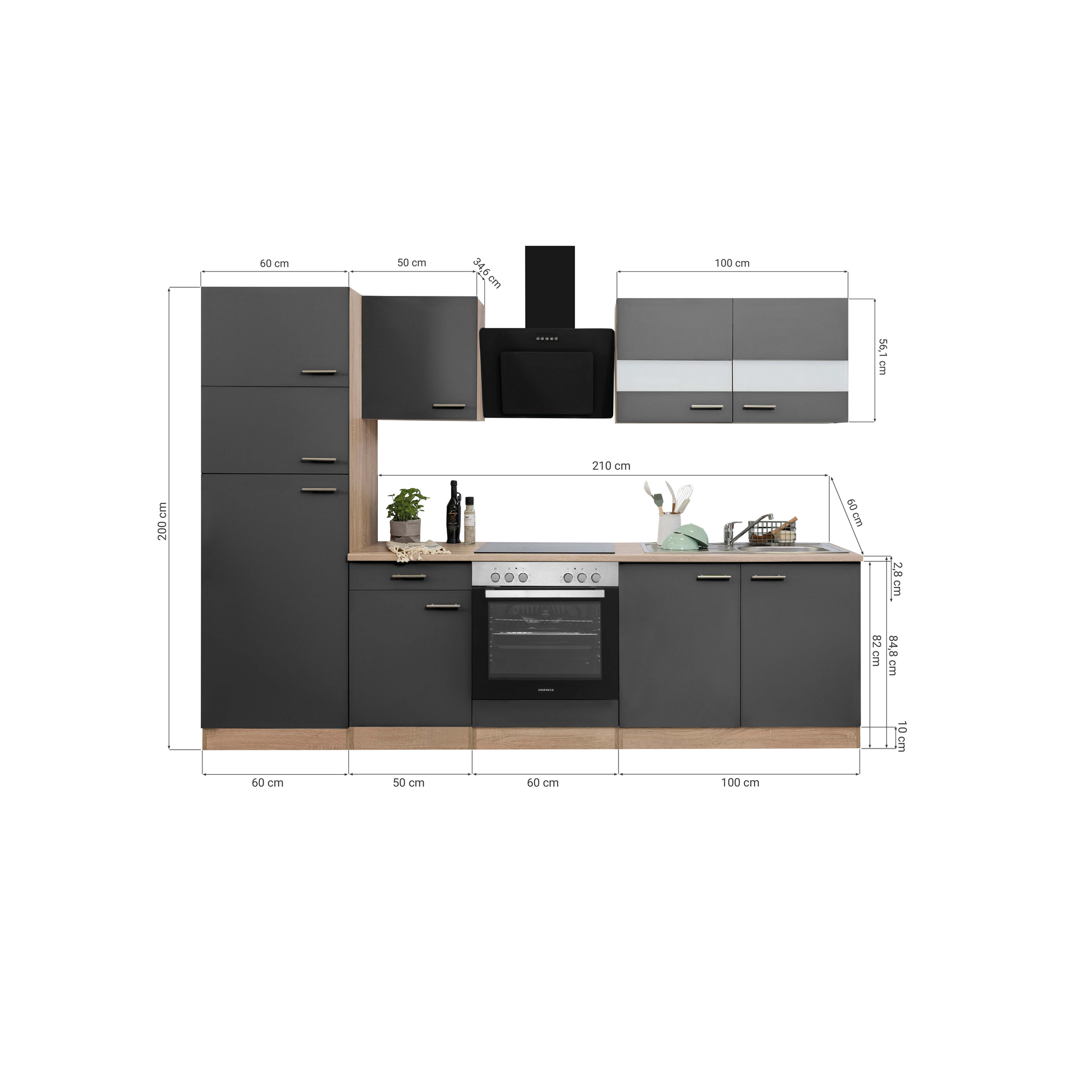 Küchenzeile 'Merle' mit E-Geräten KB270ESSCGKE schwarz/eichefarben 270 cm