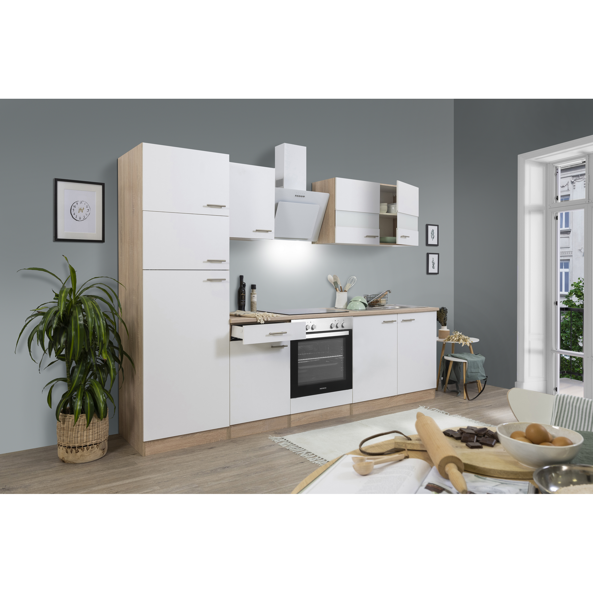 Küchenzeile 'Merle' mit E-Geräten KB270ESWCGKE weiß/eichefarben 270 cm