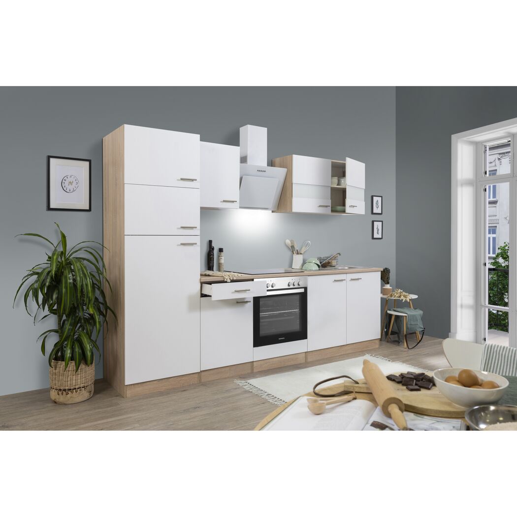 Küchenzeile 'Merle' mit E-Geräten KB270ESWCGKE weiß/eichefarben 270 cm