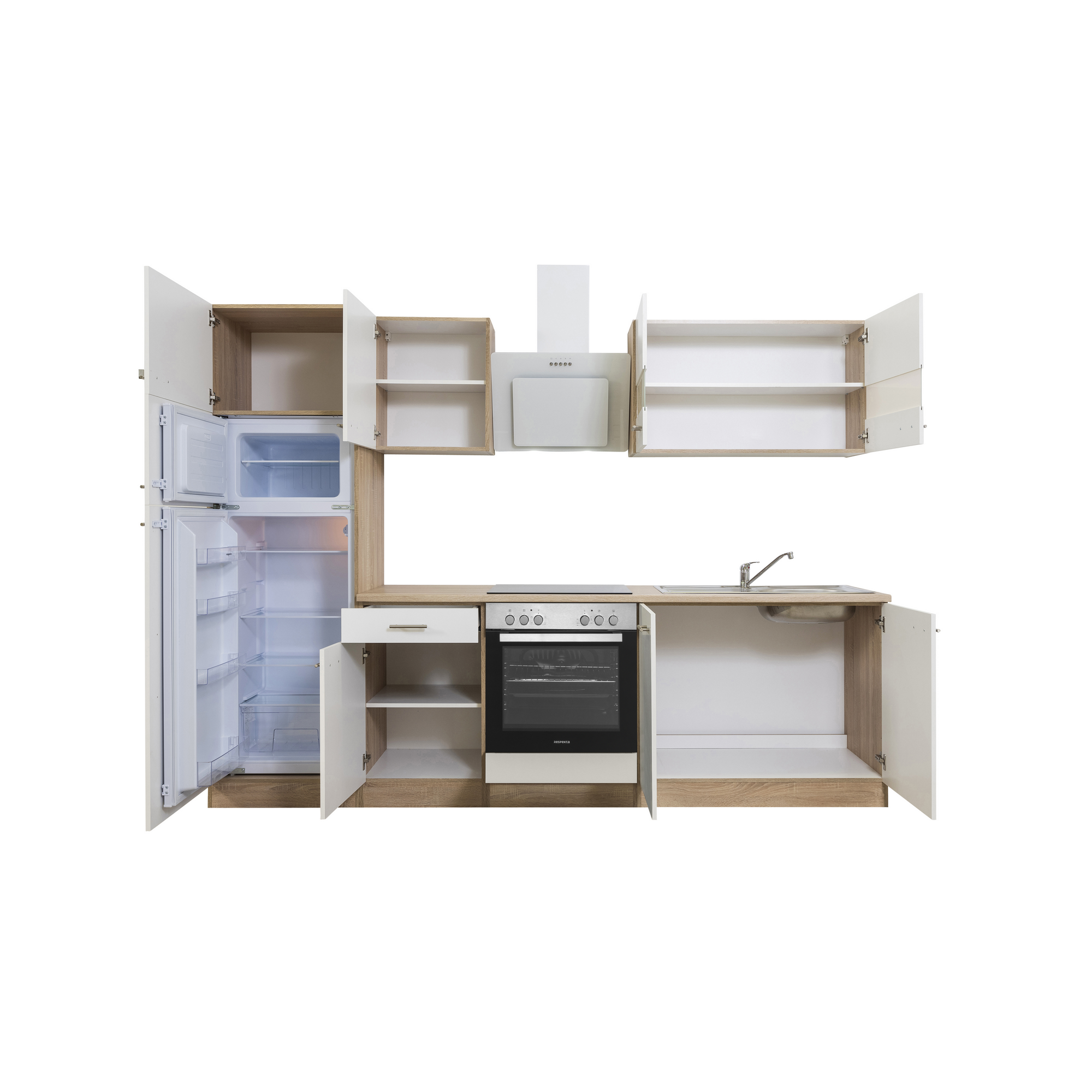 Küchenzeile 'Merle' mit E-Geräten KB270ESWCGKE weiß/eichefarben 270 cm