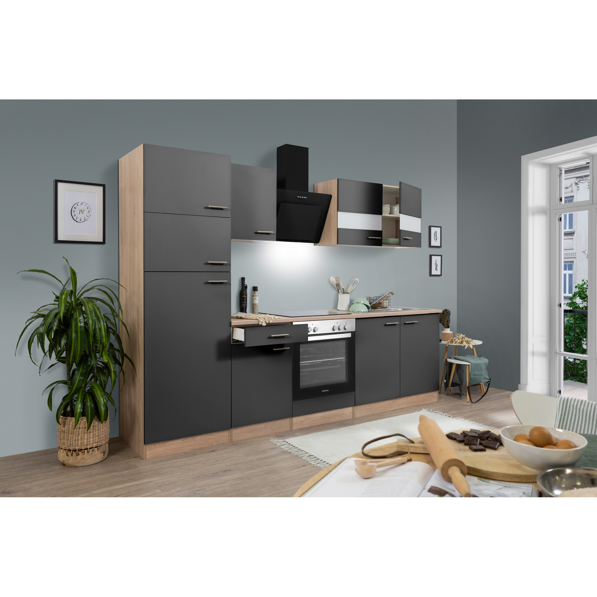 Küchenzeile 'Merle' mit E-Geräten KB270ESGCGKE grau/eichefarben 270 cm
