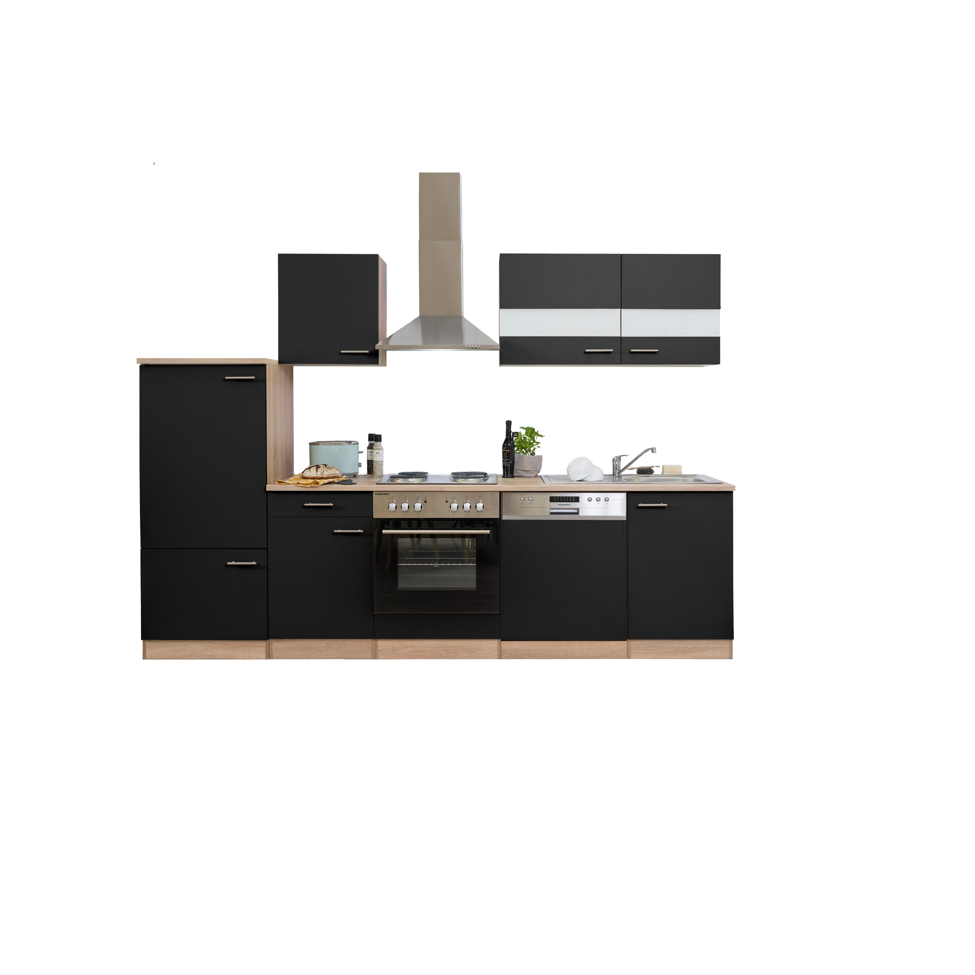 Küchenzeile 'Merle' mit E-Geräten KB280ESS schwarz/eichefarben 280 cm