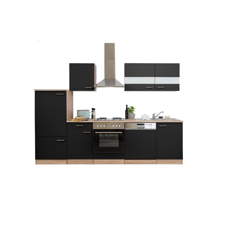 Küchenzeile 'Merle' mit E-Geräten KB280ESS schwarz/eichefarben 280 cm