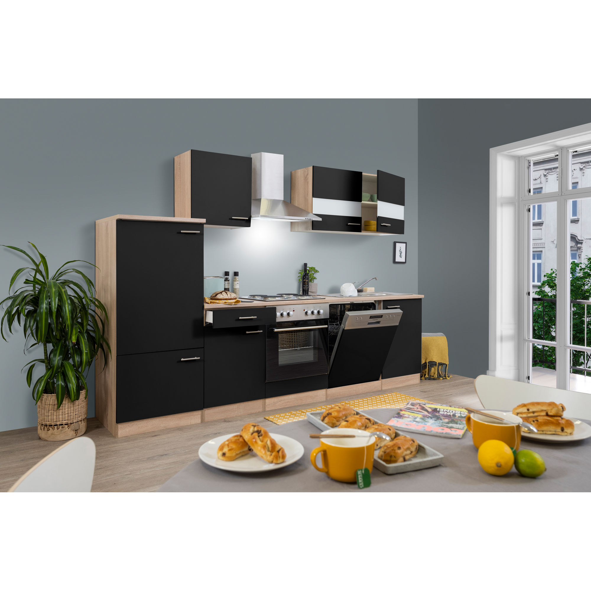 Küchenzeile 'Merle' mit E-Geräten KB280ESS schwarz/eichefarben 280 cm