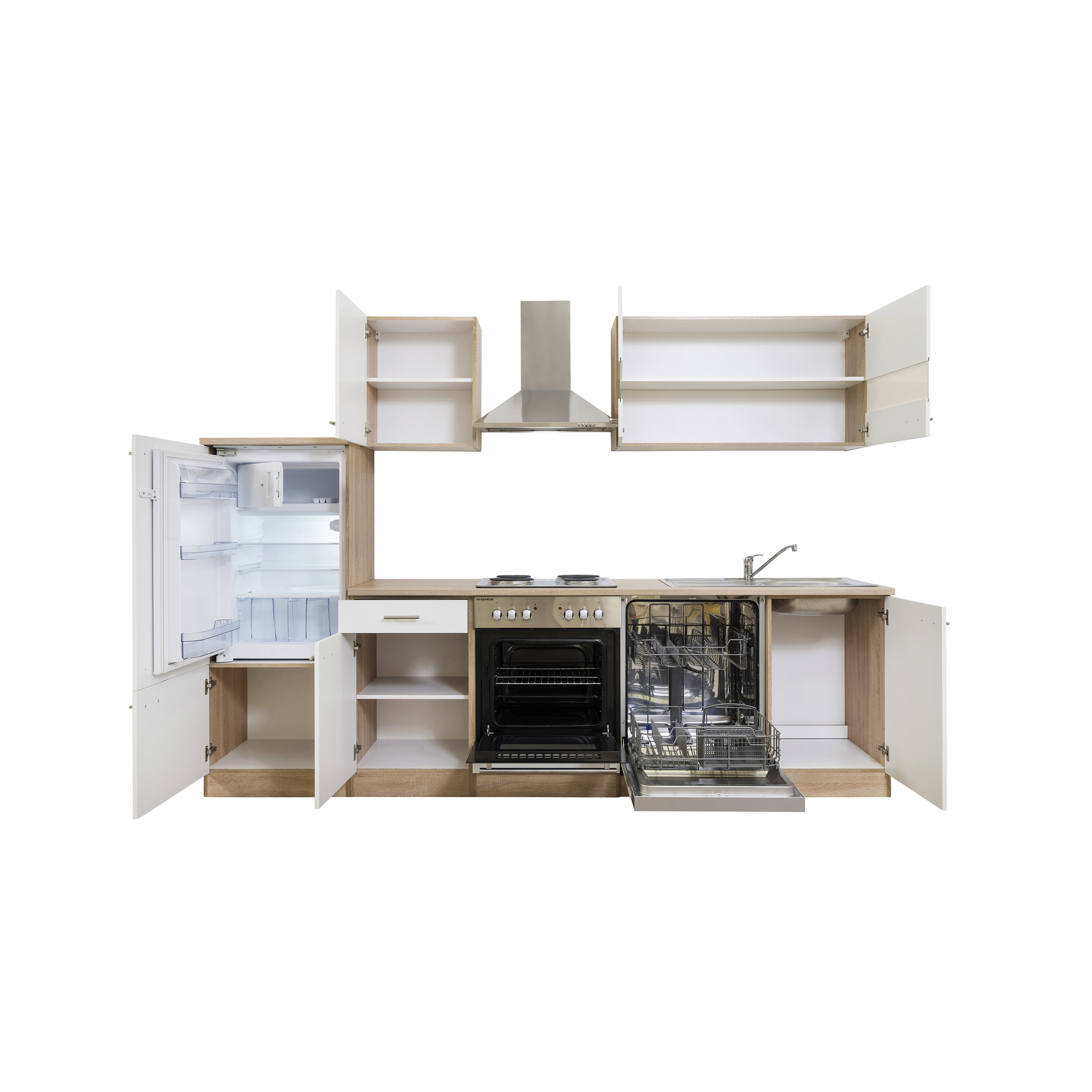 Küchenzeile 'Merle' mit E-Geräten KB280ESW weiß/eichefarben 280 cm