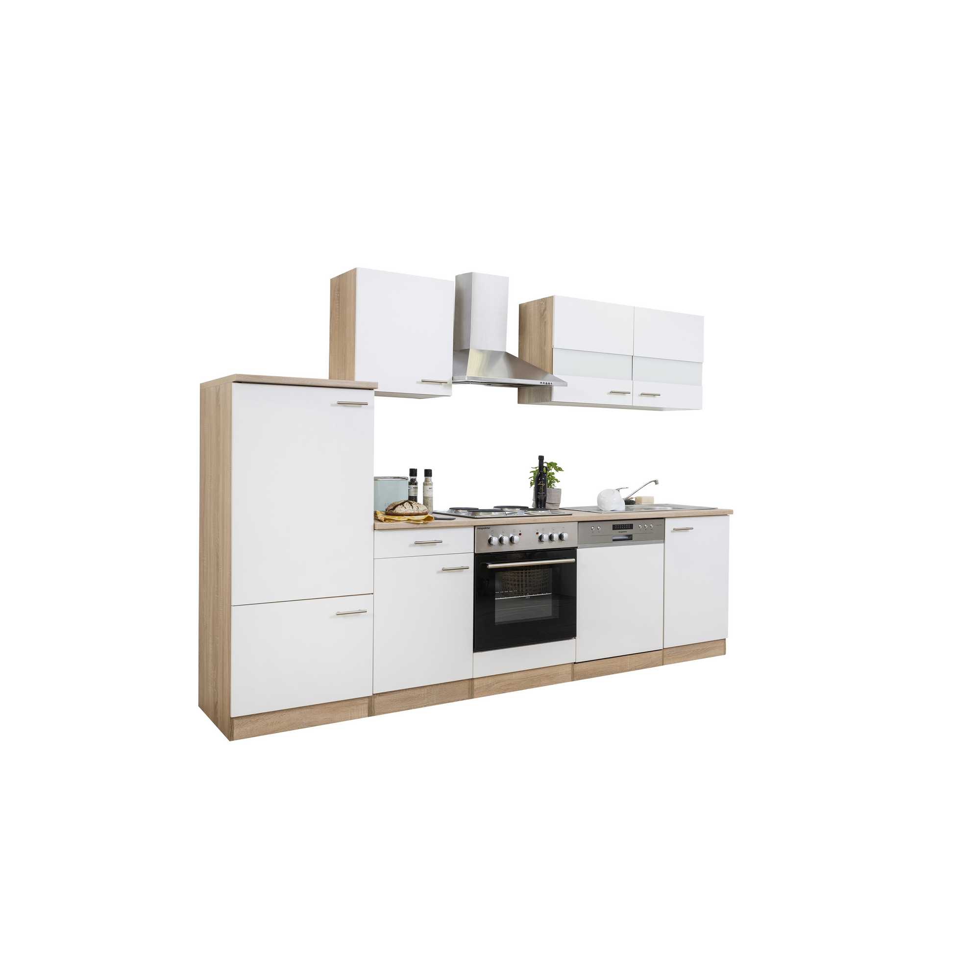 Küchenzeile 'Merle' mit E-Geräten KB280ESW weiß/eichefarben 280 cm