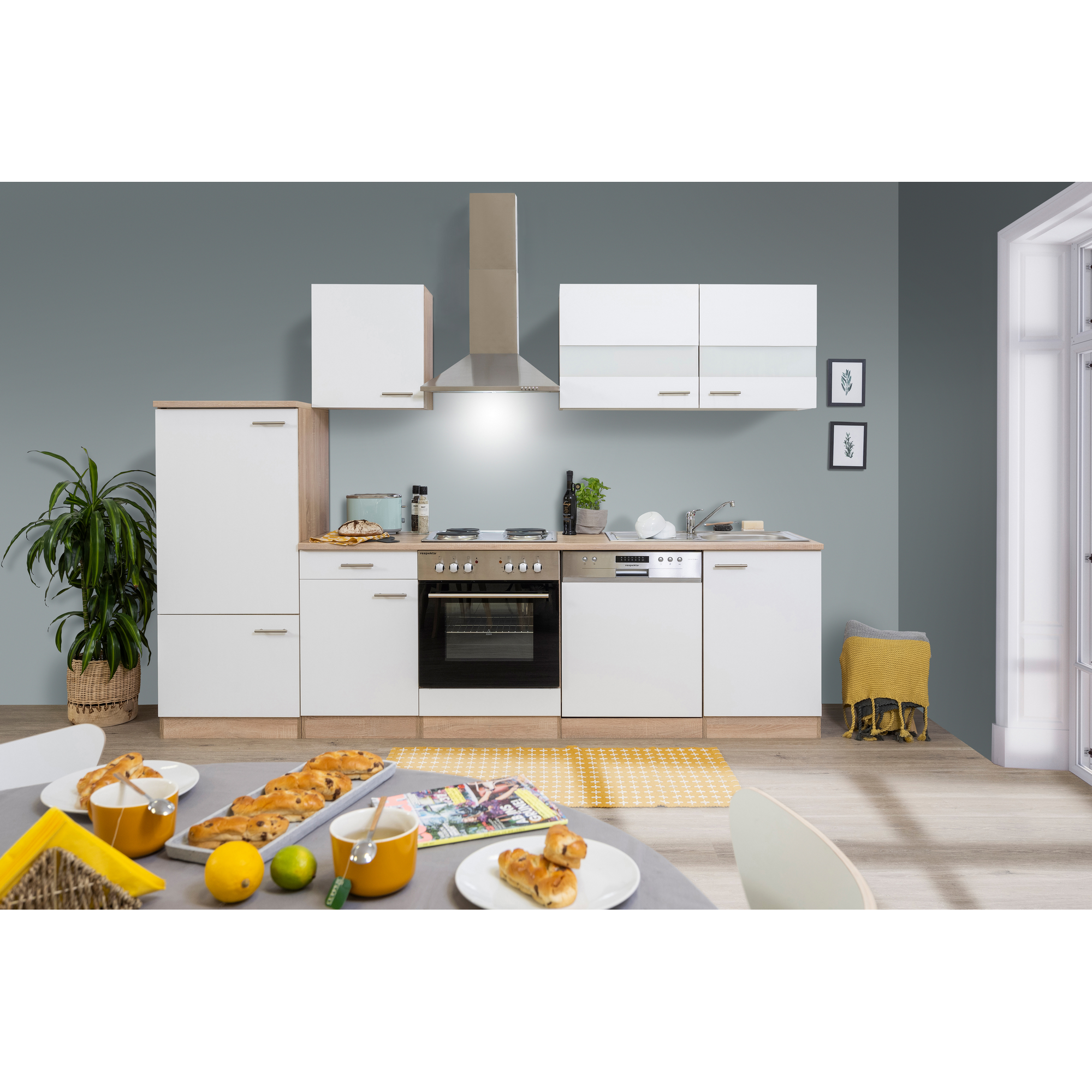 Küchenzeile 'Merle' mit E-Geräten KB280ESW weiß/eichefarben 280 cm