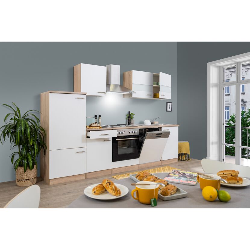 Küchenzeile 'Merle' mit E-Geräten KB280ESW weiß/eichefarben 280 cm