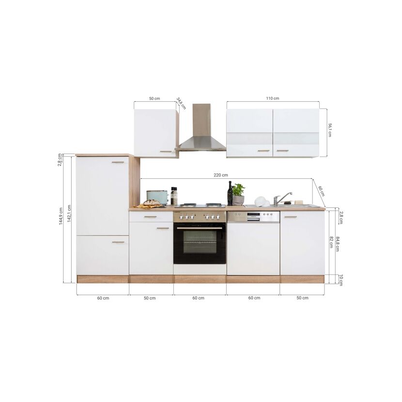 Küchenzeile 'Merle' mit E-Geräten KB280ESW weiß/eichefarben 280 cm