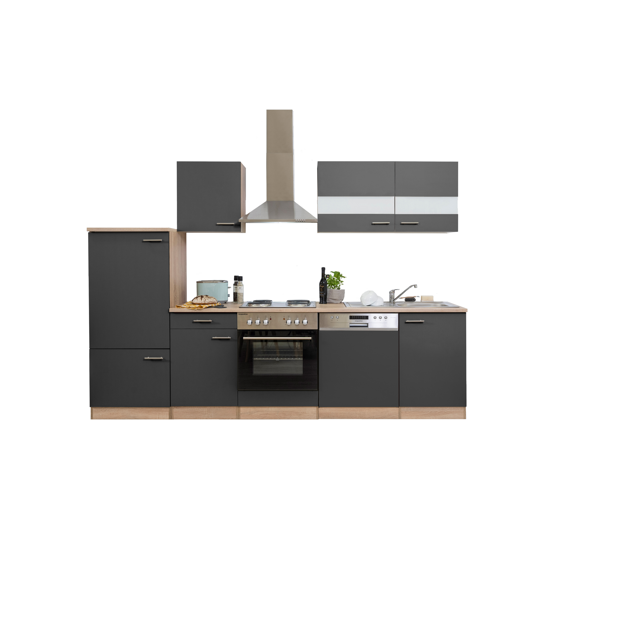 Küchenzeile 'Merle' mit E-Geräten KB280ESG grau/eichefarben 280 cm