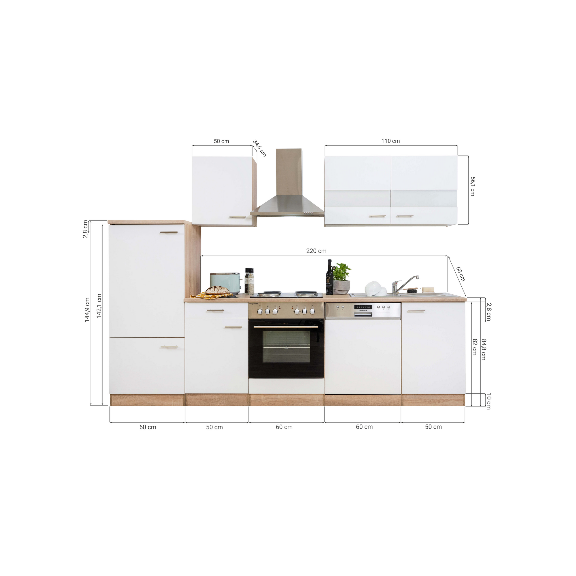 Küchenzeile 'Merle' mit E-Geräten KB280ESG grau/eichefarben 280 cm